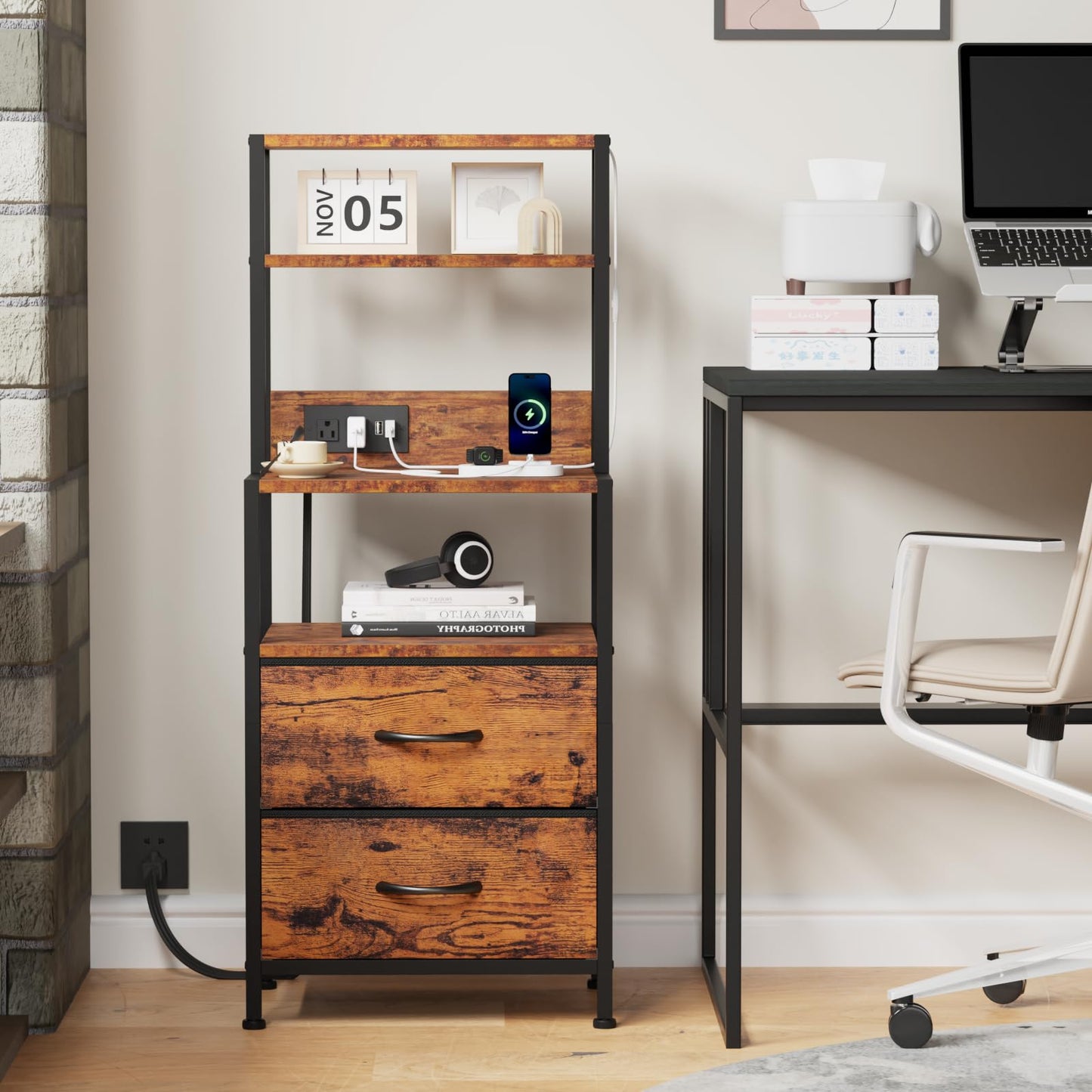 Furnulem Night Stand, Tall Nightstand with 4-Tier Shelves, 2 Fabric Drawers and LED Lights, Bed Side Tables with Charging Station, Bedside Table for Bedroom, Office, Rustic Brown