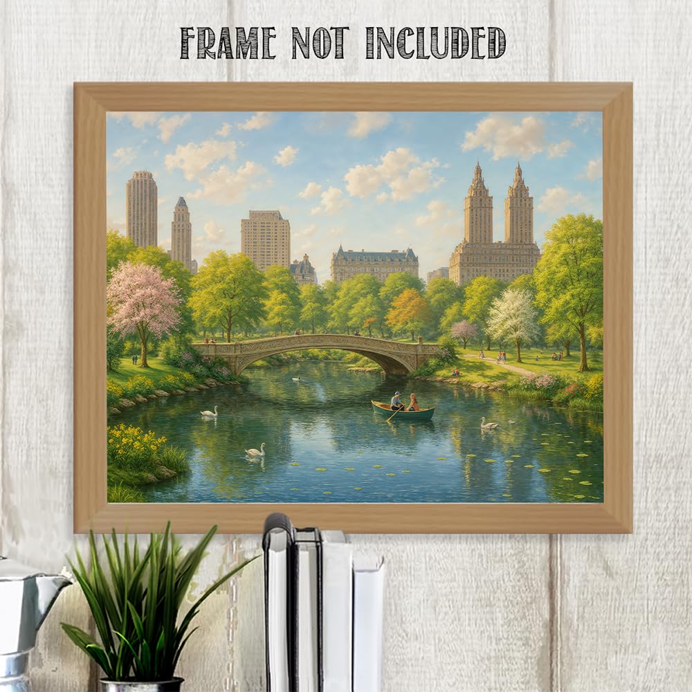 Romantic New York City Central Park in the Spring Painting 11x14 Unframed Poster – Classic Bow Bridge Artwork, NYC Landscape Print for Living Room, Bedroom, Home Office, Condo, or Apartment Décor