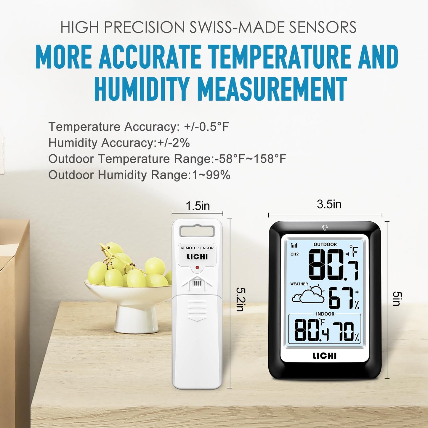 Indoor Outdoor Thermometer Wireless Weather Station, Internal External Thermometer Hygrometer, Home Batteryoperated Temperature Humiditymonitors330 Feet (About 100 Meters) Backlight Display (Black)