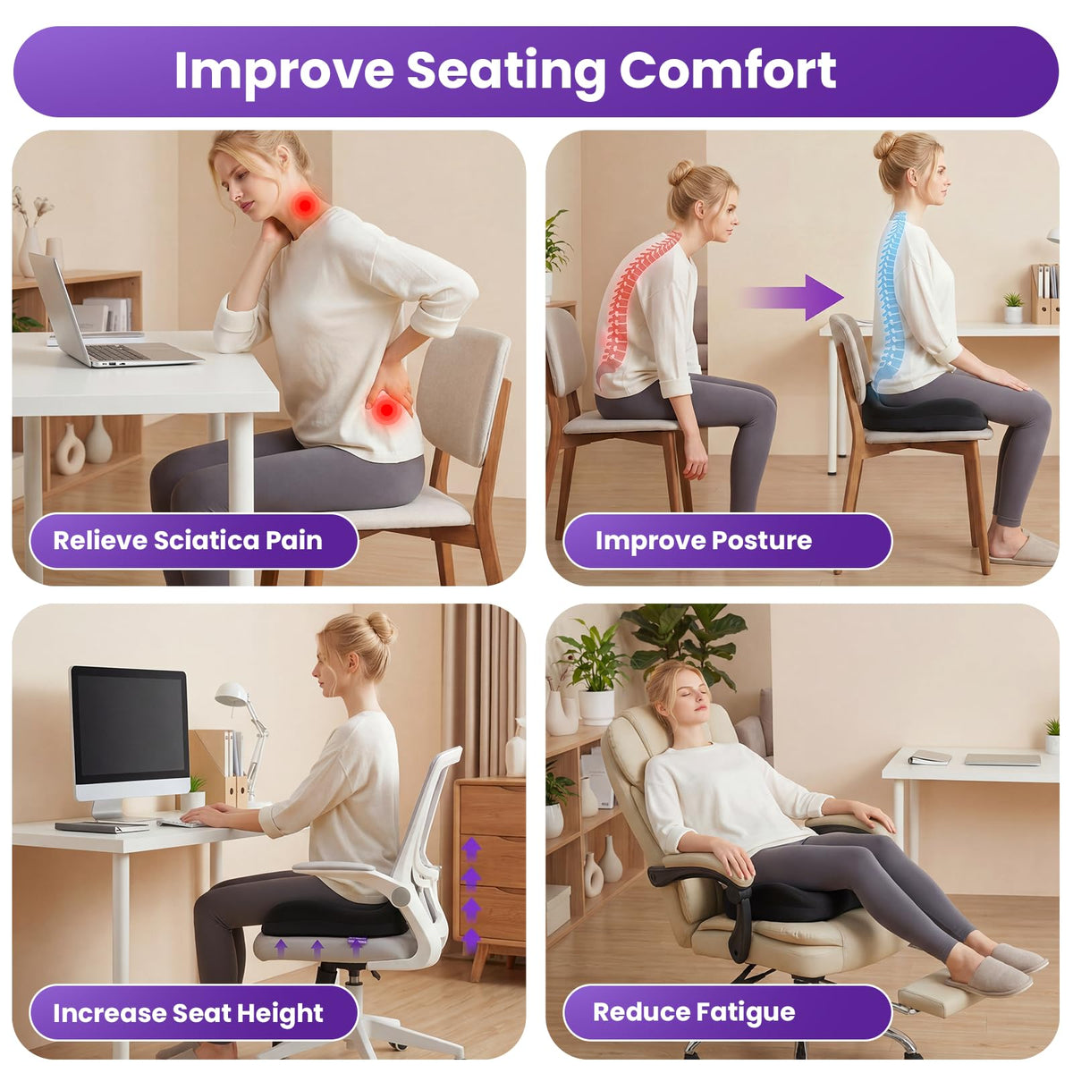 ZZ-WELL Seat Cushions for Office Chairs - Patented Coccyx Cushion for Tailbone Pain - 21.2" W x 16.5" L Memory Foam Extra Large Seat Cushion, Removable & Machine Washable Cover (Black)
