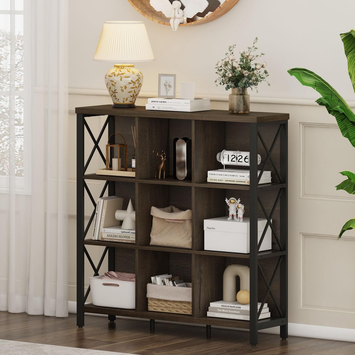 FATORRI 9 Cube Storage Bookshelf, Modern 4 Shelf Book Shelf, Wood and Metal Cubby Bookcase for Home Office (39.38 Inch W, Walnut Brown)