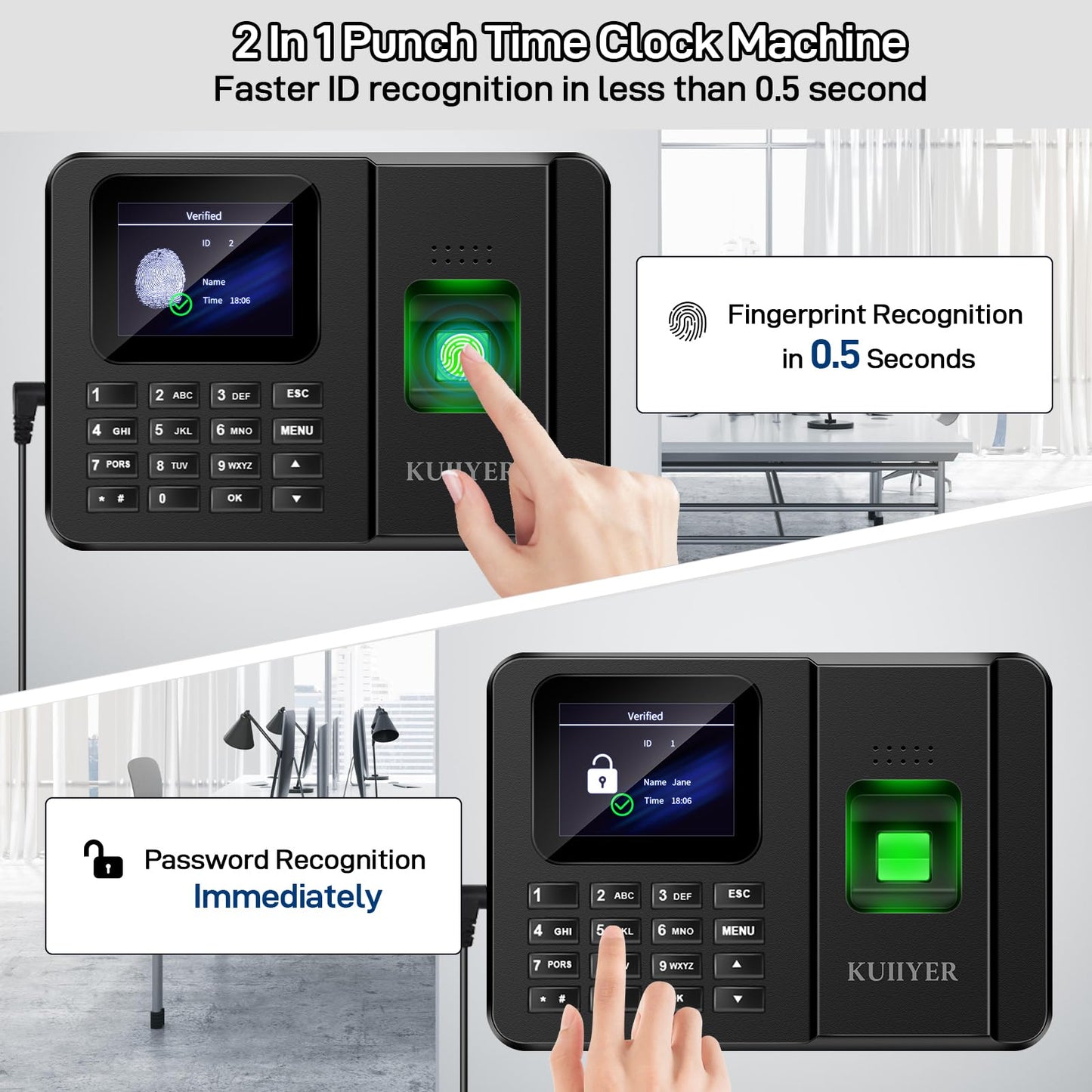 KUIIYER 2 in 1 Employees Time Clocks for Small Business (Fingerprint + Password) Employee Clock in & Out Machine Biometric Attendance Punch Clock Recorder Tracker (No Monthly Fee)