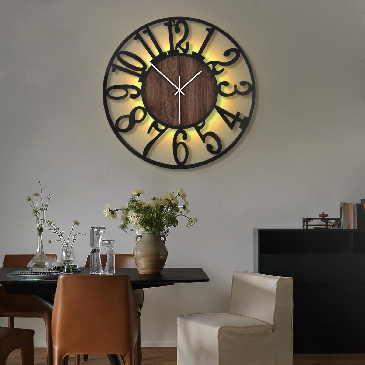 LEIKE Large LED Wall Clocks,Silent,Non Ticking,Battery Operated Rustic Round Modern Big Wood Wall Clock for Living Room, Bedroom,Kitchen,Farmhouse,Office,Home Decor -24" Black,LED,Arabic Number