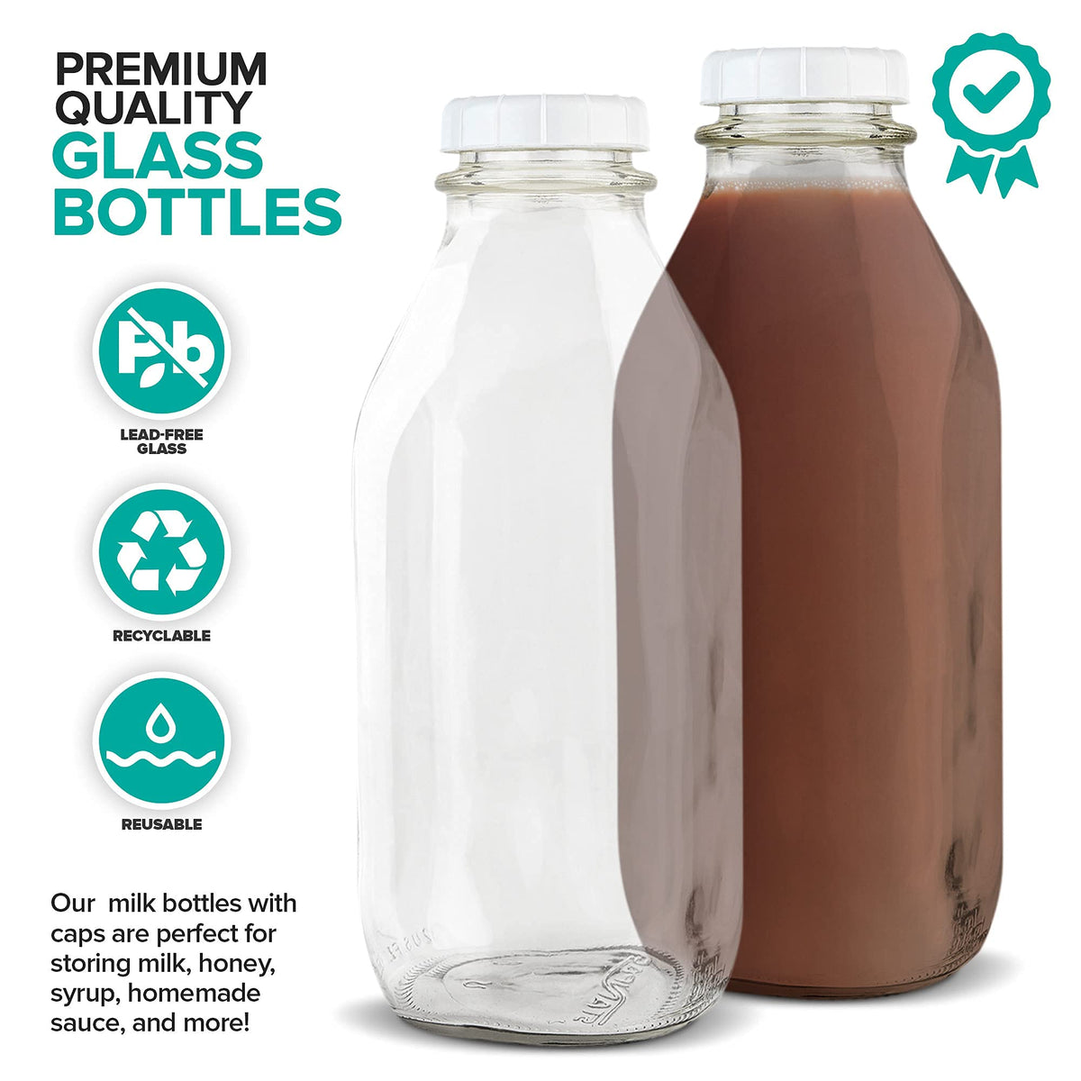 Stock Your Home Liter Glass Milk Bottles (2 Pack) - 32-Oz Milk Jars with Lids - Food Grade Glass Bottles - Dishwasher Safe - Bottles for Milk, Buttermilk, Honey, Maple Syrup, Jam, BBQ Sauce