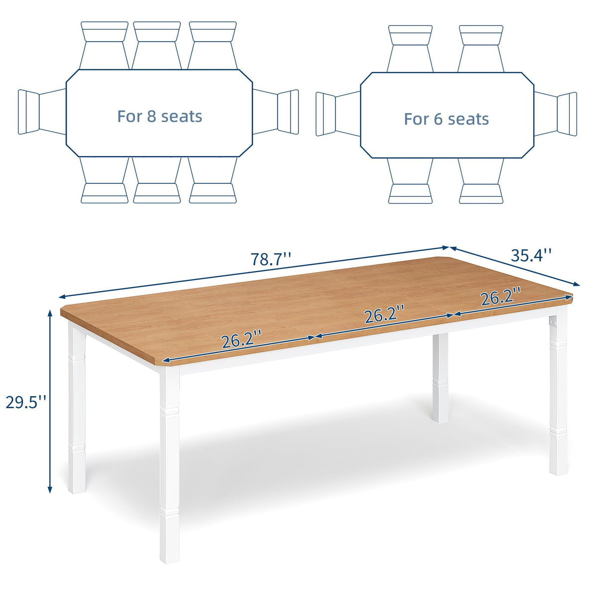 IDEALHOUSE 79" Dining Table for 6-8 People, Modern Rectangular Kitchen Table with Sturdy Metal Legs, Large Wood Farmhouse Dining Room Table for Home Office, Conference, White & Oak