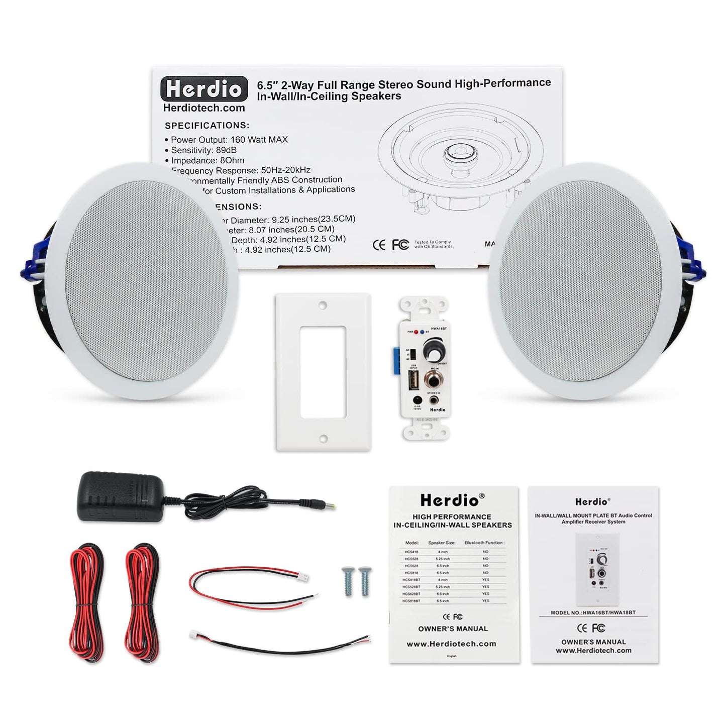 Herdio 6.5 Inch Bluetooth Ceiling Speakers 320W 2-Way Flush Mount in Wall Amplifier Receiver Suitable for Home Theater Bathroom Living Room Kitchen Office (White, Pair)