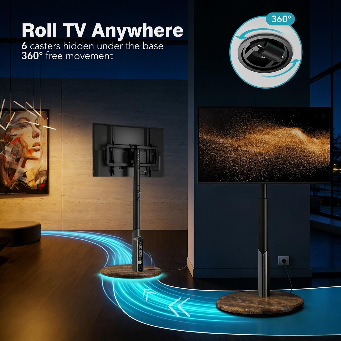 LLDEPLL Mobile TV Stand with Power Outlet, Rolling TV Cart for 27-65 Inch OLED LED Monitors, 6 Levels of Height Adjustment, Ambient RGB Lighting on The Bottom Wheels Holds up to 88lbs