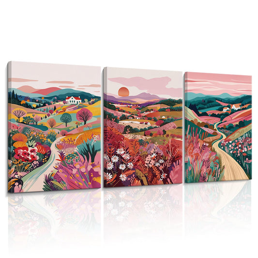 3 Piece Colorful Mountain Canvas Wall Art, Bright Boho Landscape Pictures Wall Decor, Rustic Country Wildflower Paintings, Abstract Nature Sunset Prints for Office Living Room Framed 12x16 Inch