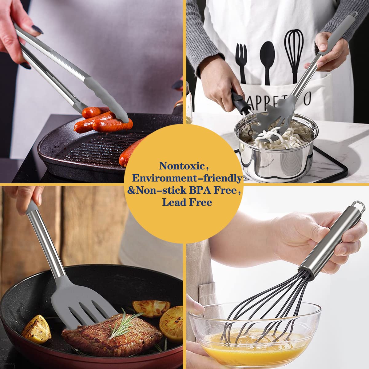 Silicone Cooking Utensil Set, Fungun Non-stick Kitchen Utensil 24 Pcs Cooking Utensils Set, Heat Resistant Cookware, Silicone Kitchen Tools Gift with Stainless Steel Handle (Gray-24pcs)