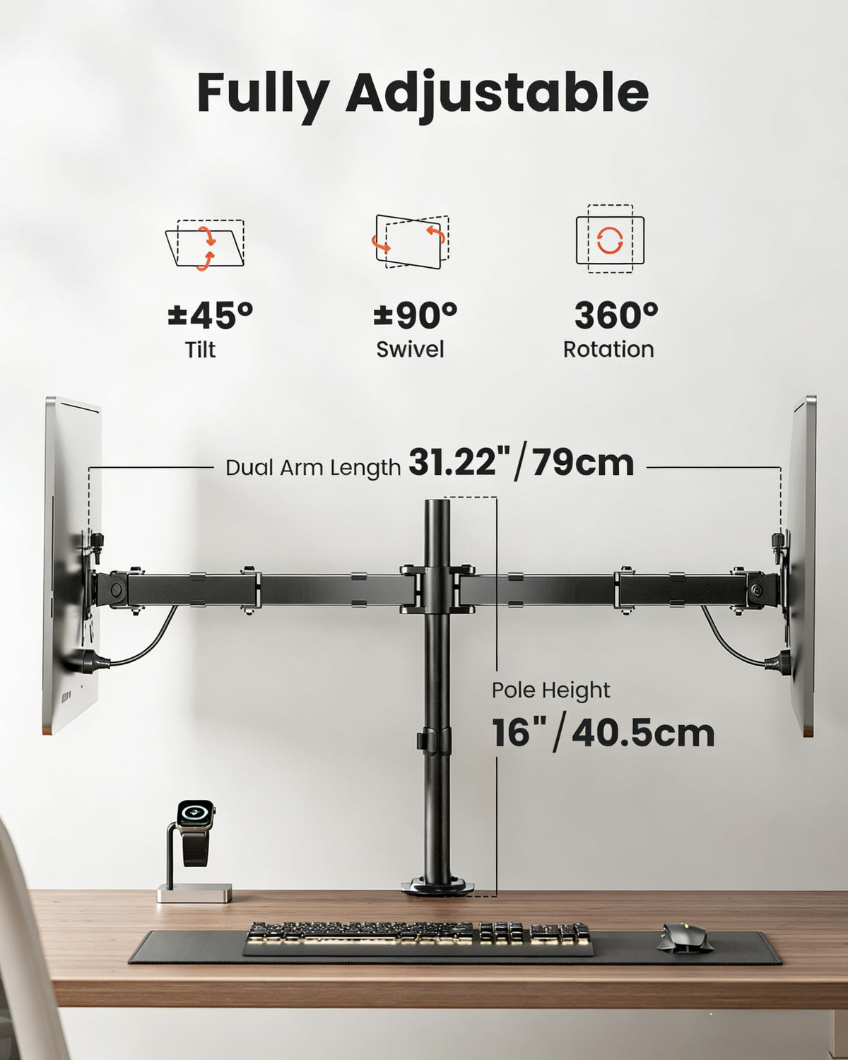ErGear Dual Monitor Stand, Heavy Duty Adjustable Monitor Desk Mount for 2 Screens up to 32 Inches, Fully Adjustable Height, Tilt, Swivel, Rotate, Supports 17.6 lbs per Monitor Arm, Easy Installation