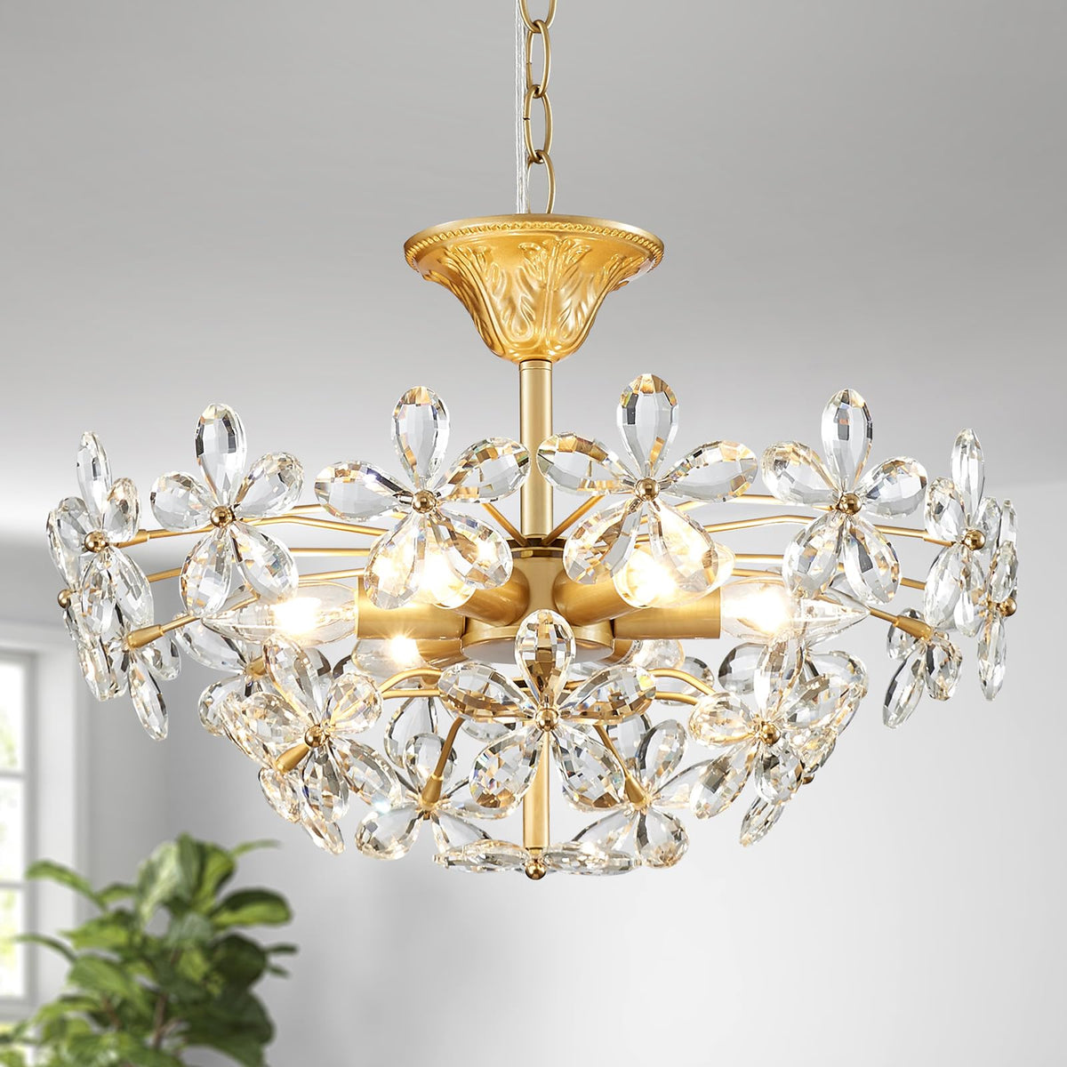 GlowEasely K9 Crystal Flower Chandelier for Dining Room, Living Room, Bedroom, Hallway, Kids Room, Foyer, Gold, Mayflower 6-Light Modern Pendant Chandelier, E12 Socket, D18.3 * H16~41inch (Adjustable)