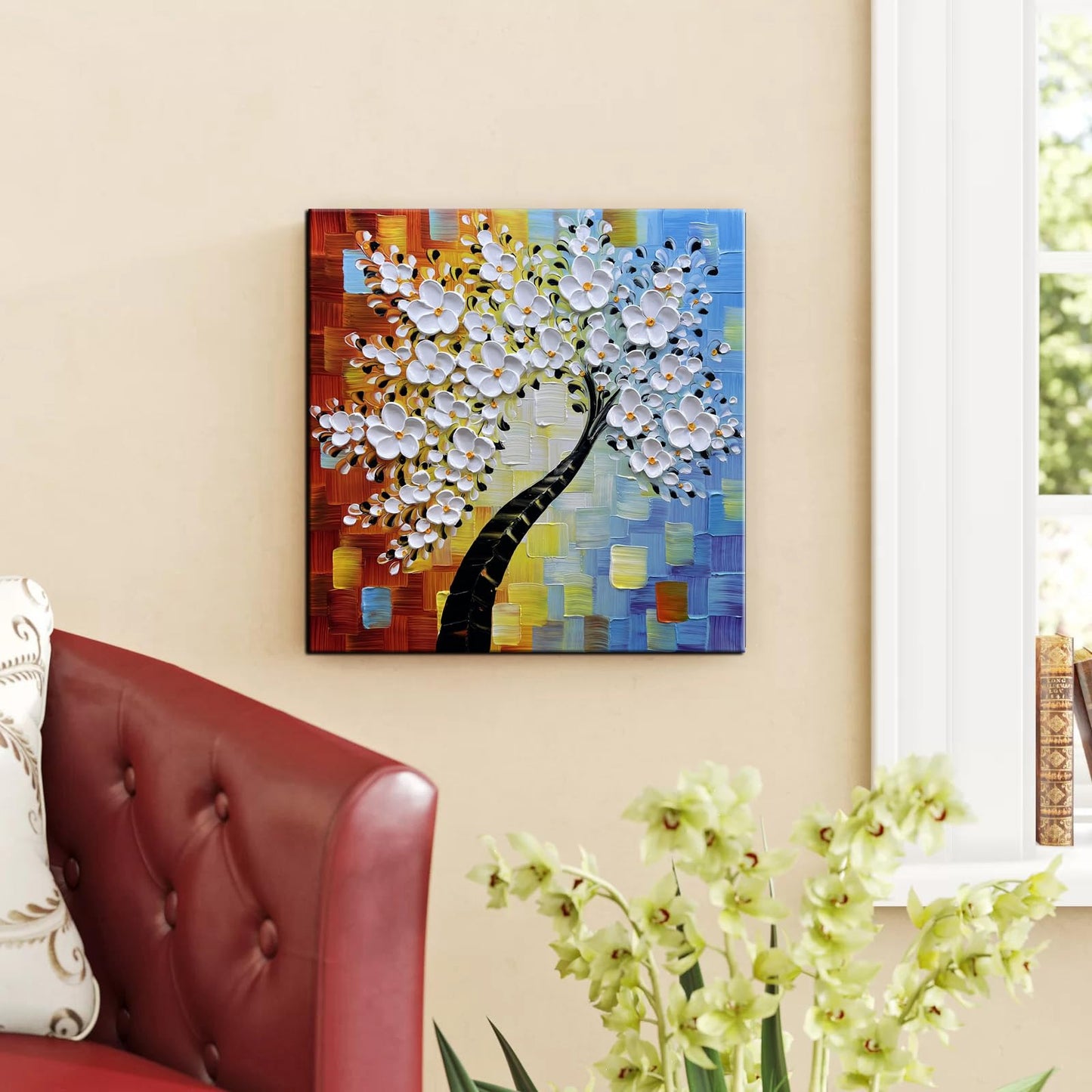 YaSheng Art - 24x24inch Wall Art,Hand Painted oil painting, Modern Abstract Floral Oil Painting, Dining Room Wall Decor, Bedroom Wall Decor, 3D Textured Framed White Floral Paintings, Modern Home Office Wall Decor