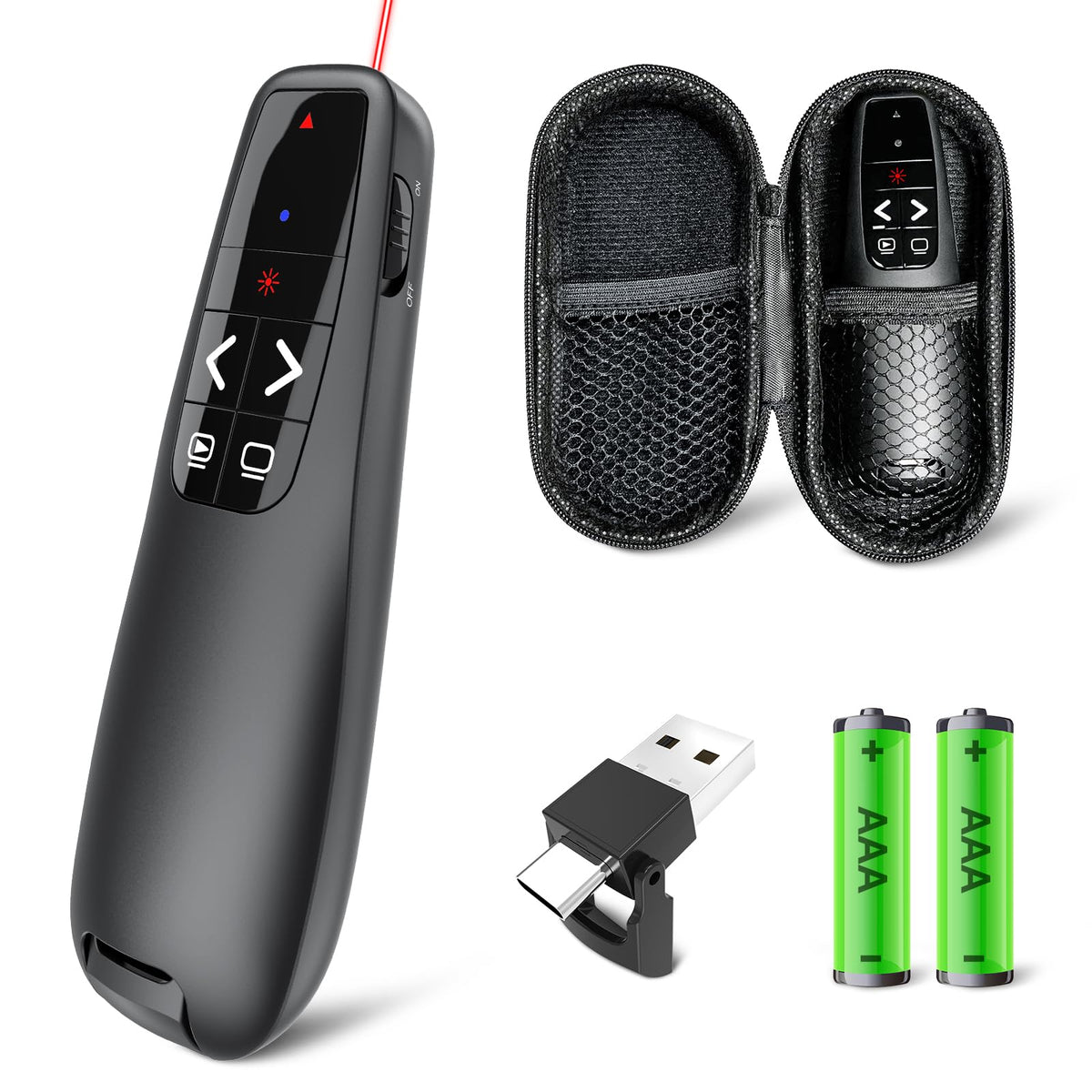 Presentation Clicker with Case Storage: Wireless Presenter Remote: Red Laser Pointer Computer Clickers, USB C PowerPoint PPT Clicker for Mac Laptop, Slideshow Google Slide Advancer