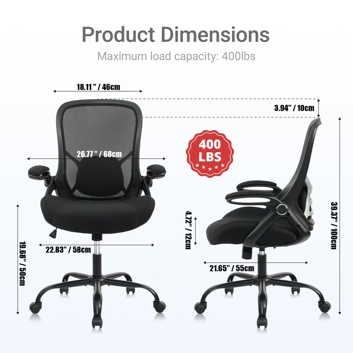 HYLONE Big and Tall 400lbs Heavy Duty Office Chair, 5" Thickened Seat Ergonomic Desk Chair with Adjustable Armrests, Home Office Computer Chairs for Long Hours Mesh Executive Chair(Black)