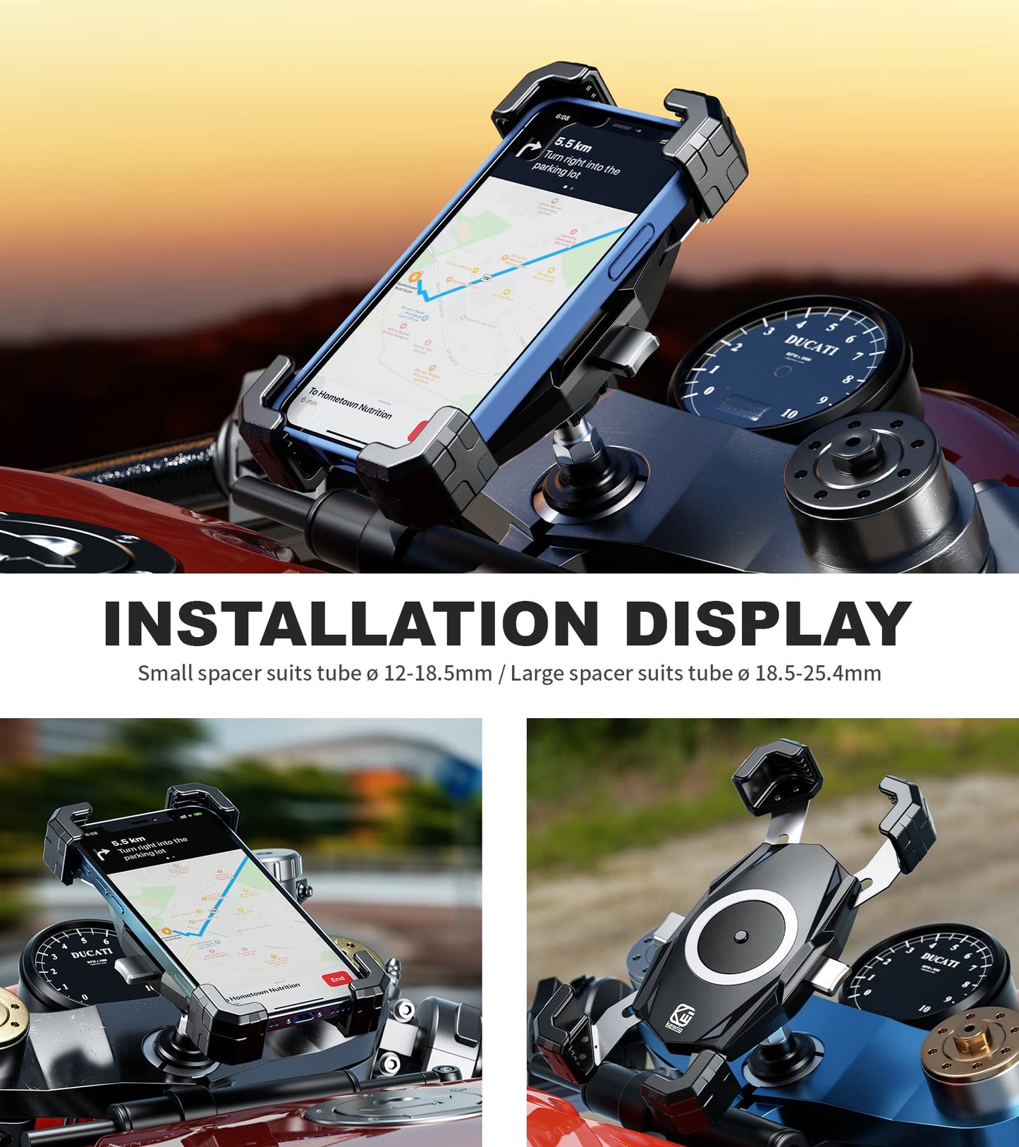 Kewig Motorcycle Fork Stem Phone Mount, Motorcycle Phone Mount, 1S One-Push Automatically Lock & Release, Fits for Fork Stem 12-25.4mm in Diameter, for 4.0-6.9" Cellphones