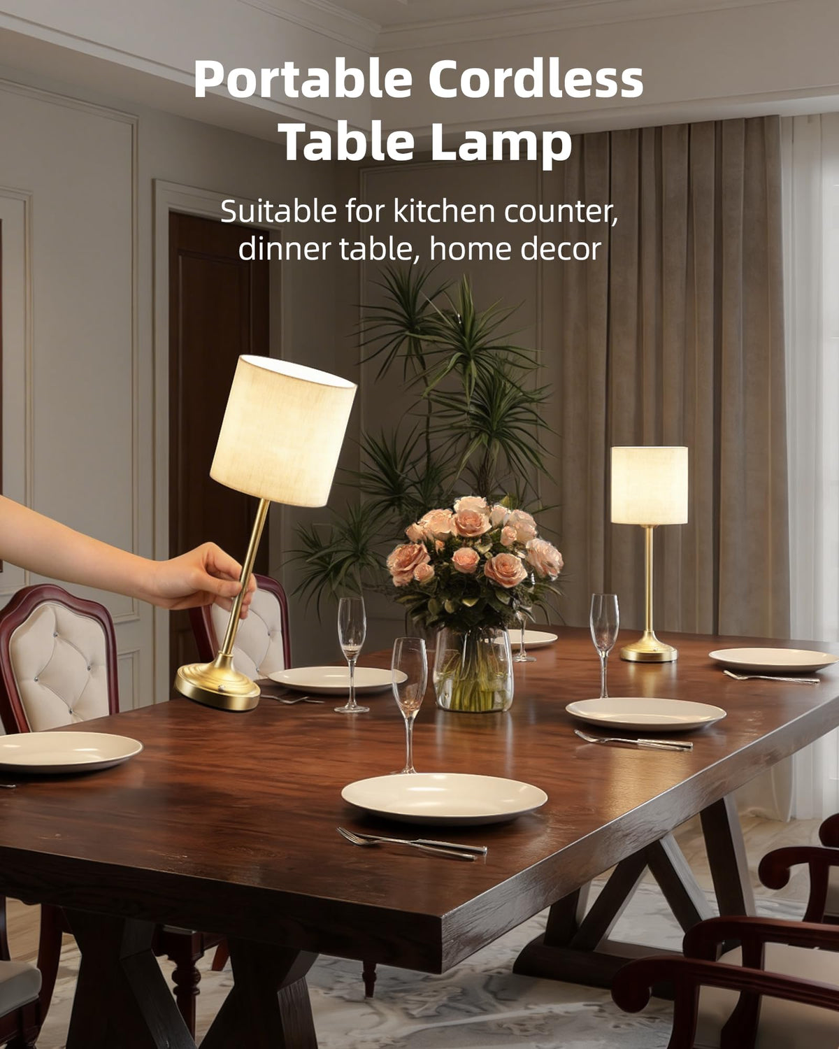 Cordless Table Lamp, 8000mAh, Dimmable, Ambient Light, 2700K, Touch Control, Portable, LED, Wireless, Rechargeable, Battery Operated, Desk Lamp, Kitchen Lamp, Fabric Shade, for Dining Room, Bedroom
