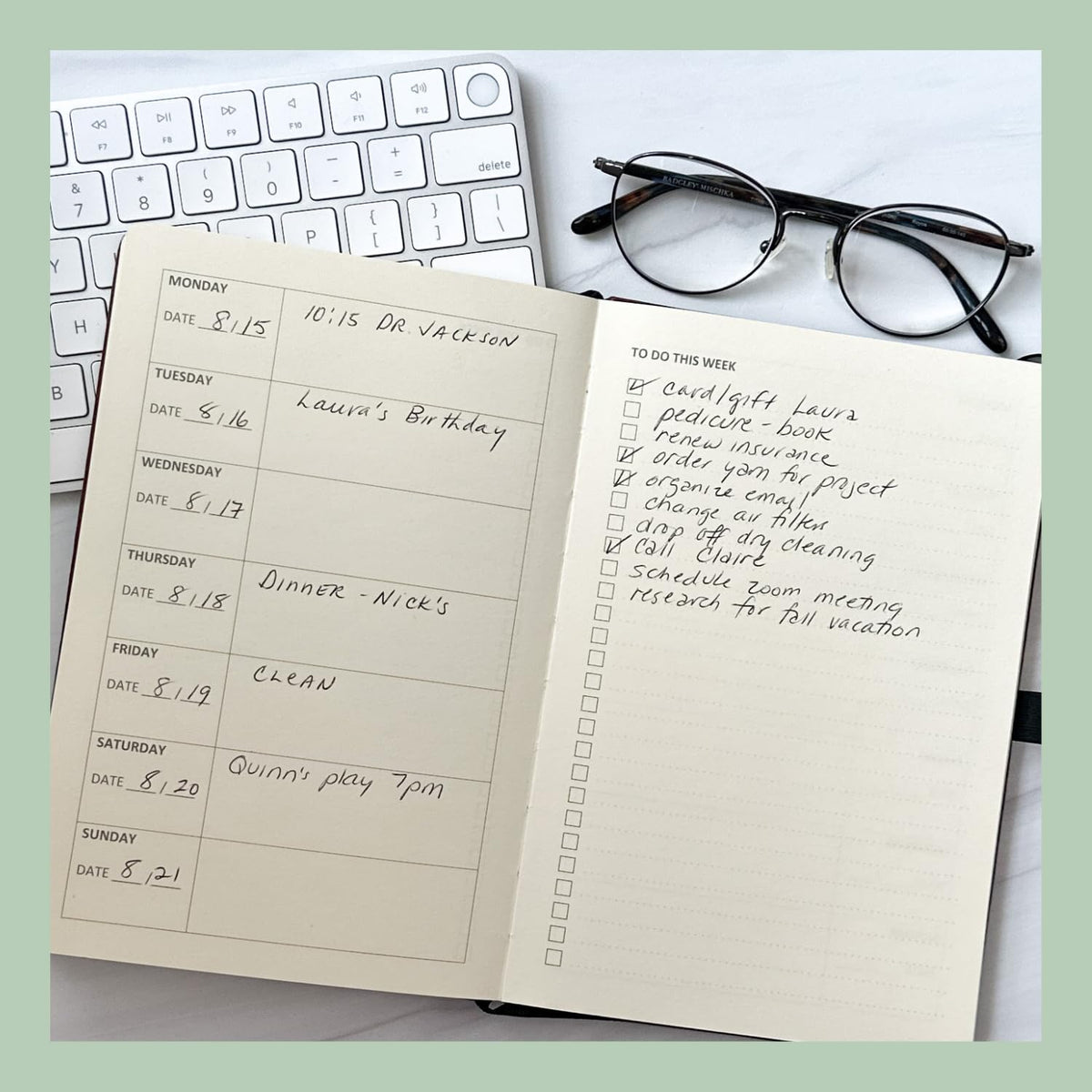 RICCO BELLO Undated Weekly Planner To Do Notebook | Faux Leather Hardcover, for Work, School, Home with Pen Holder, Bookmark, Band Closure, Storage Pocket, 5.7 x 8.4 Inches (Brown)
