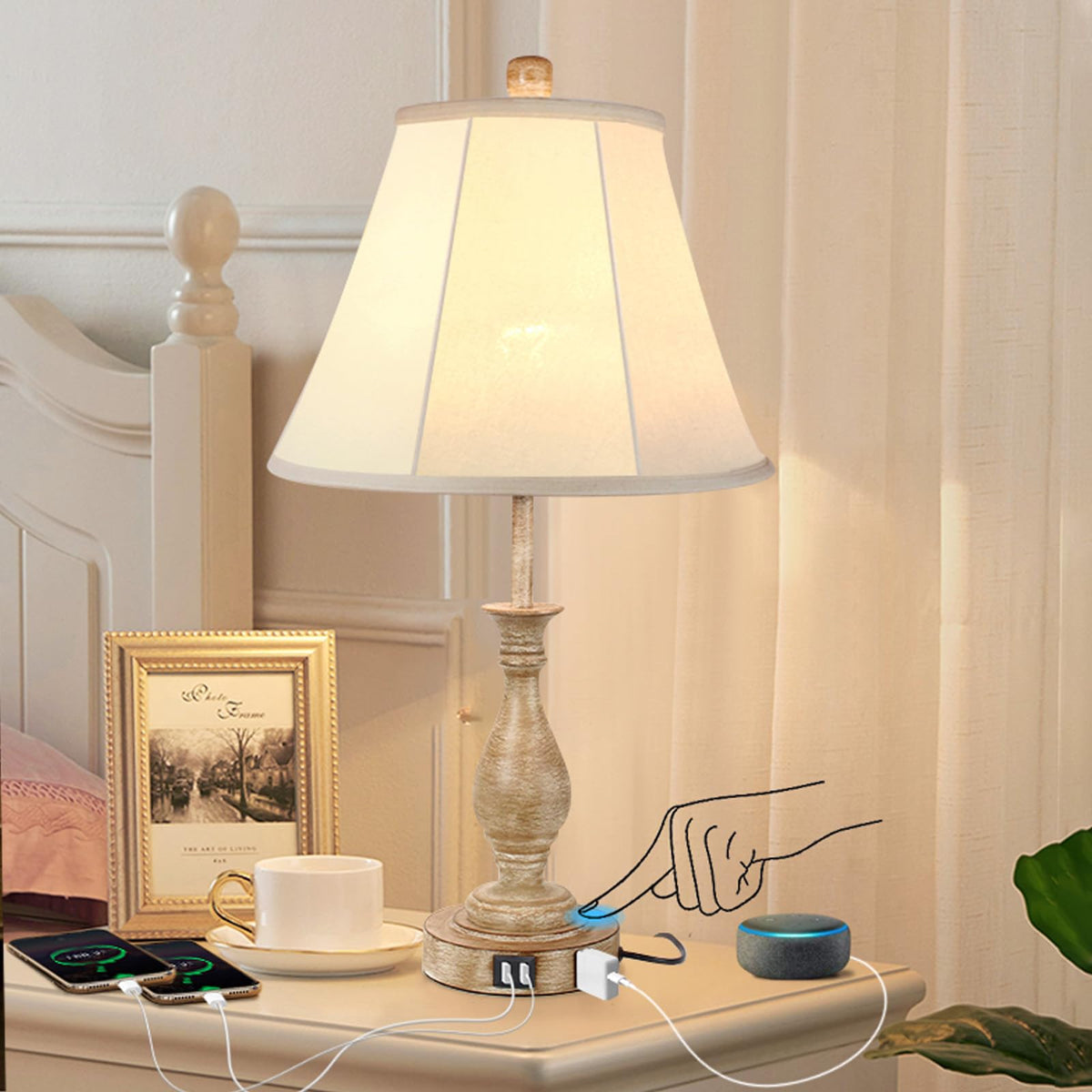 LALISU Farmhouse Table Lamp Touch Control 3-Way Dimmable Table Lamp, Modern Nightstand Lamp with 2 USB Port Bedside Desk Lamp with Fabric Shade for Living Room Bedroom Hotel (Pack 1-Beige Shade)