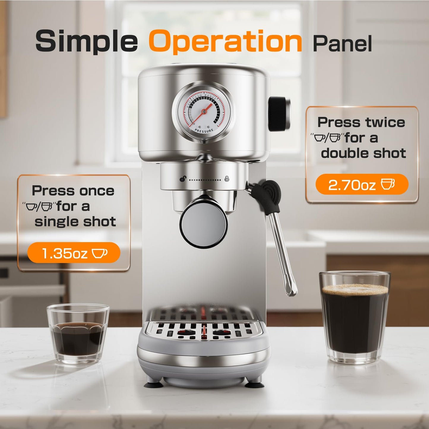 atatix Espresso Machine, 20 Bar Compact Espresso Coffee Machine with Milk Frother, Stainless Steel Coffee Maker with 44oz Removable Water Tank & Fast Heat System for Cappuccino, Latte