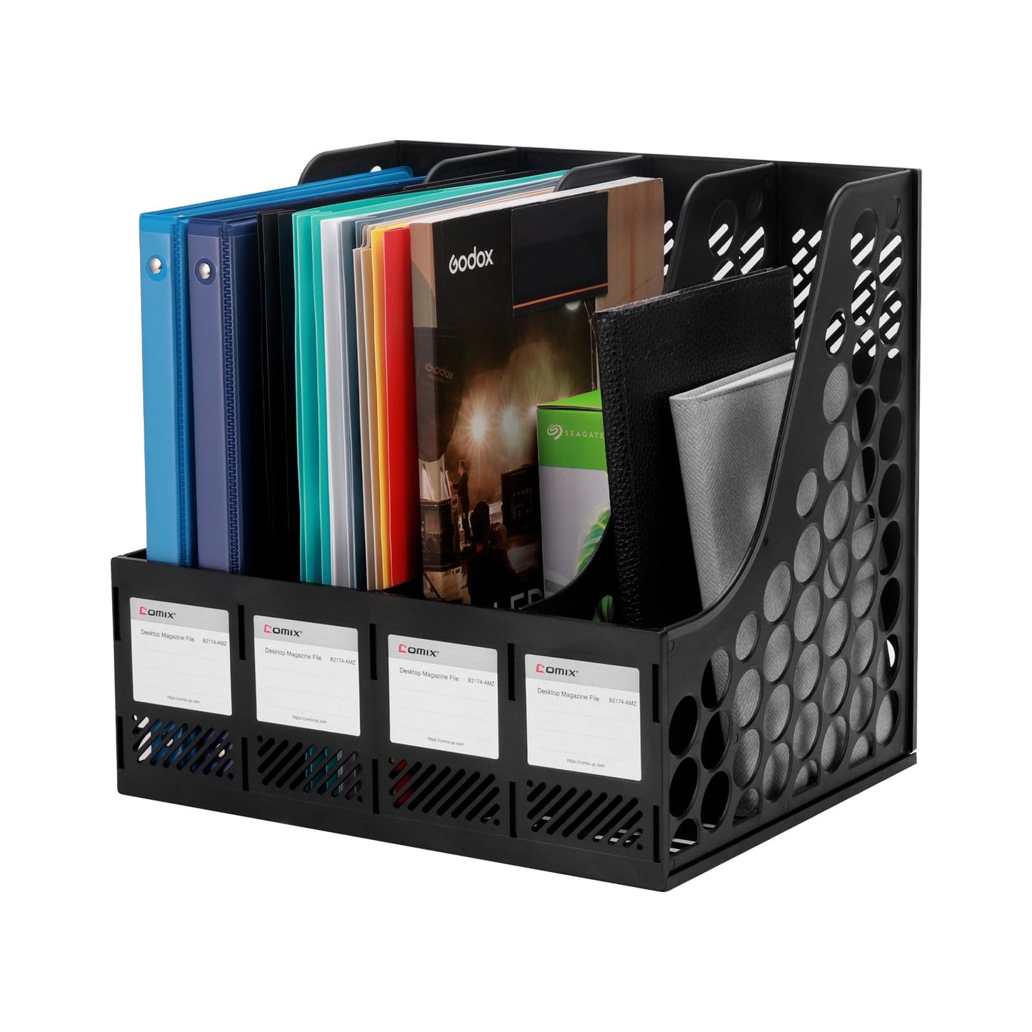 Comix Magazine File Holder Rack/Vertical Desktop File Organizer - Plastic Desk Organizer for Files, Folders, Books - 4 Compartment Binder Organizer - Black