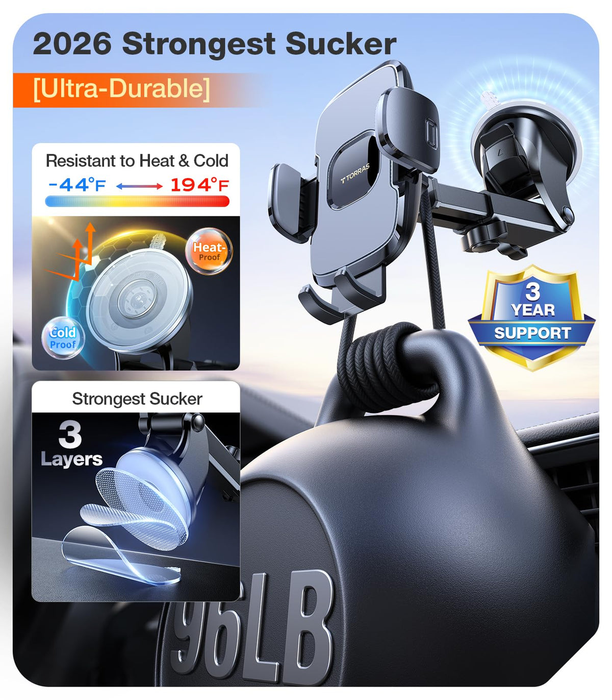 TORRAS Military-Grade Phone Holders for Your Car【96+LBS Strongest Suction】Car Phone Holder Mount, Ultra-Durable Cell Phone Car Mount Truck for Dashboard Windshield Vent for iPhone 17 16 15 Pro Max Air