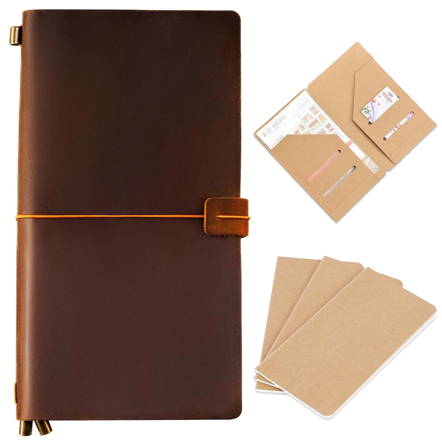 Ox Knight Refillable Leather Travelers Notebook, 8.6 x 4.9 Standard Size Travel Diary for Men and Women, Genuine Leather Travel Journal with 3 Notebook Inserts for Writing, Sketching & Planning, Dark Brown