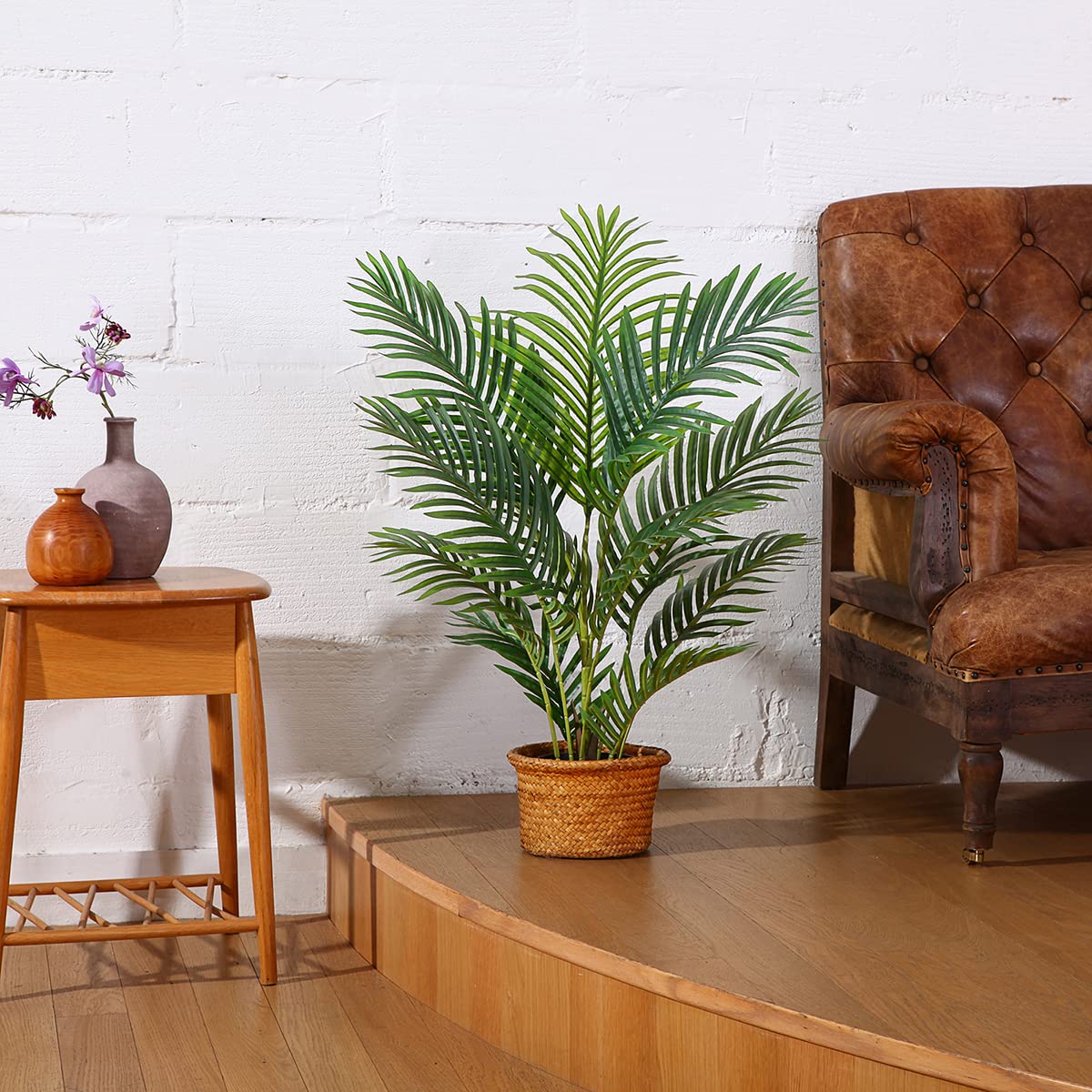 LOMANTO Fake Majesty Palm Plant 3Ft Artificial Tree for Home Decor Indoor Small Faux Trees in Pot Fake Tropical Plants for Housewarming 2Pack