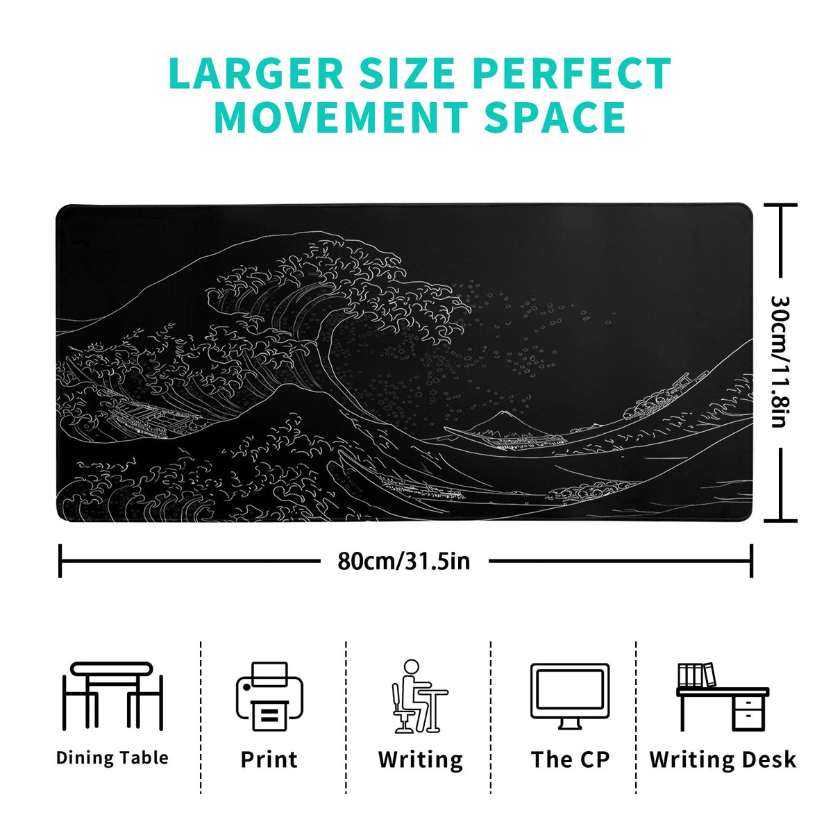 Brecoy Japanese Sea Wave Large Mouse Pad, Anime Black Gaming, Extended Kanagawa Mat Desk Pad, 3mm Thick Long Non-Slip Rubber Base Mice Pad, 31.5 X 11.8 Inch