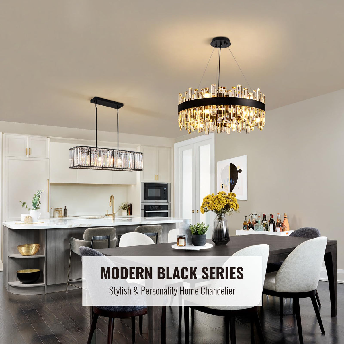 Siljoy 23.6'' Modern Crystal Chandelier, Luxury 2-Tiers Raindrop K9 Crystal Adjustable Flush Mount Hanging Ceiling Light for Dining Living Room Kitchen Entryway Foyer, E12 x 12, Matte Black