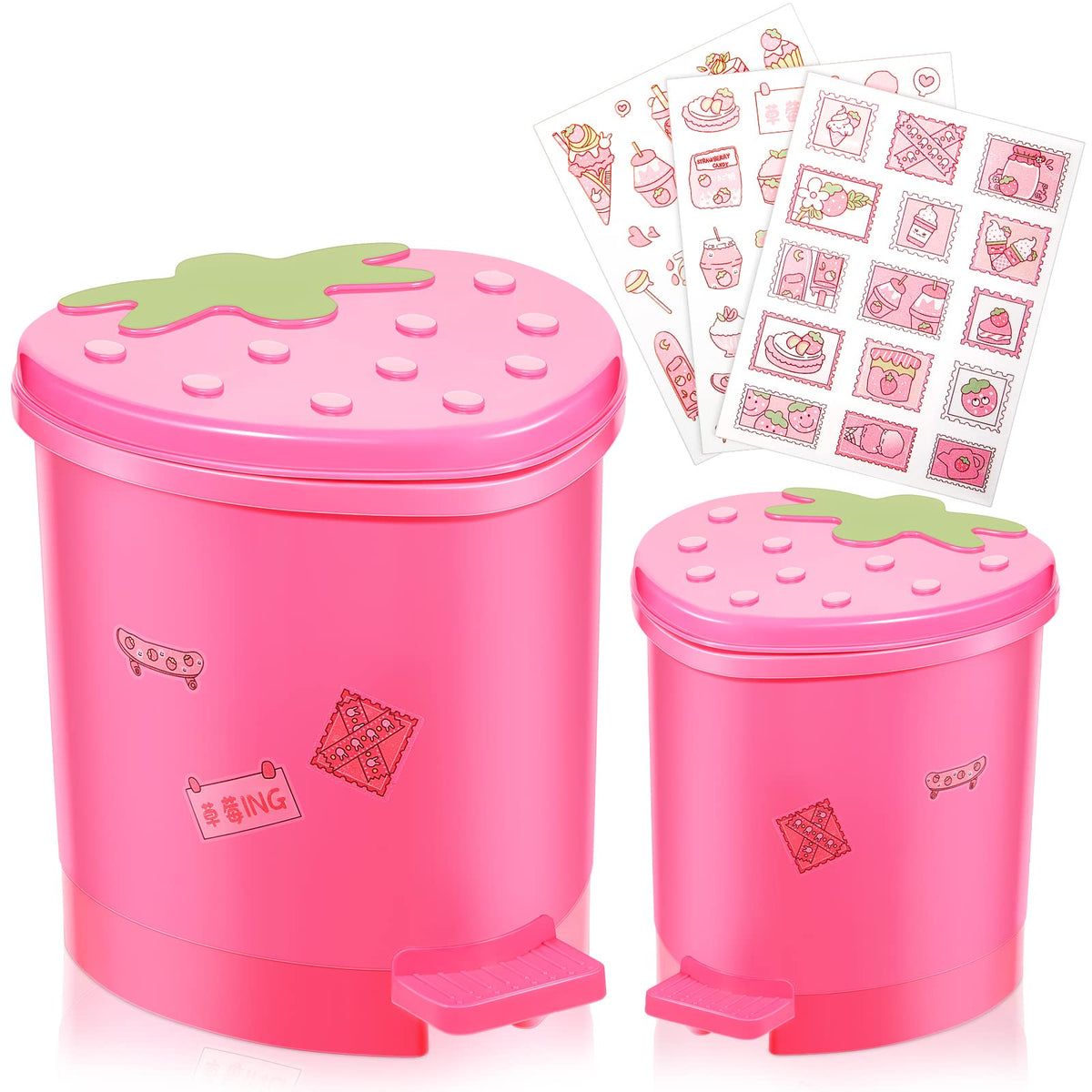 Tessco for you 2 Pieces Strawberry Desk Trash Can Cute Mini Countertop Trash Can with Lid Kawaii Small Garbage Plastic Waste Bin with Sticker for Car Office Home Bedroom Bathroom Kitchen Decor(Pink)