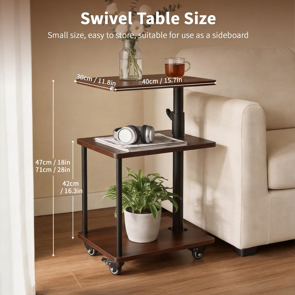 Bingyouth 360° Swivel Side Table with Storage, Height Adjustable, Smooth-Rolling Wheels, C-Shaped End Table for Couch/Sofa, Recliner, Living Room, Walnut-Look