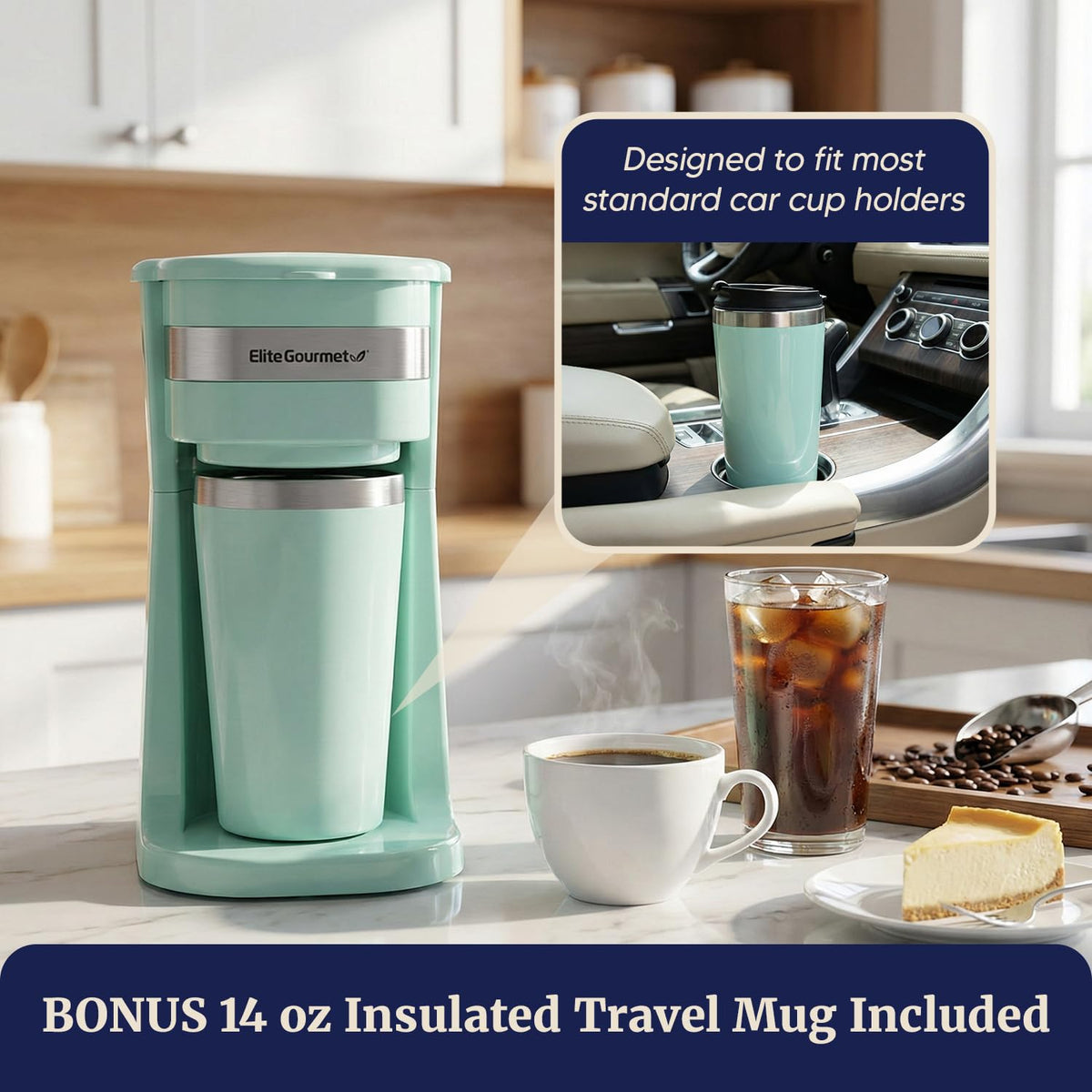 Elite Gourmet EHC113M Personal Single-Serve Compact Coffee Maker Brewer Includes 14Oz. Stainless Steel Interior Thermal Travel Mug, Compatible with Coffee Grounds, Reusable Filter, Mint