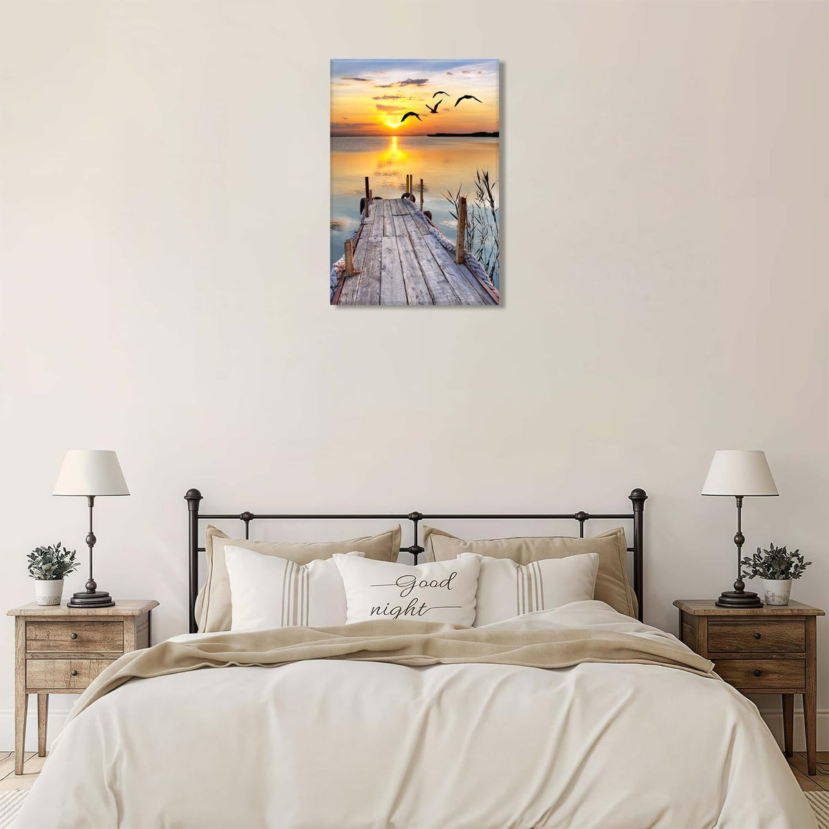 Sunset Wall Art Lakeside Pier Trail Canvas prints Sunset Nature Landscape Painting for Home Living Room Bedroom Office (12x16 inch) Framed