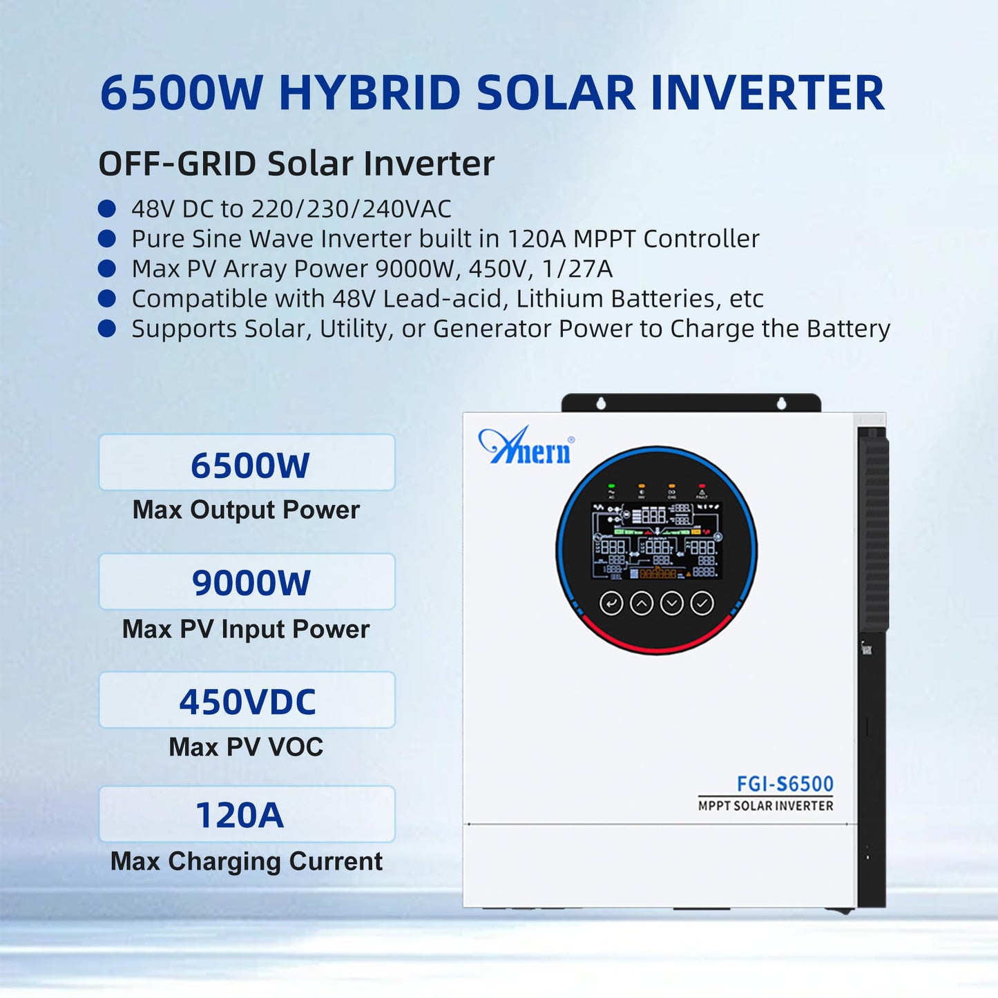 Anern 6500W Hybrid Solar Inverter 48V DC to 220-230VAC, Pure Sine Wave Solar Inverter with 120A MPPT Solar Charge Controller, Fit for 48V Lithium Lead-Acid Gel Battery Home Backup, RV, Off-Grid System