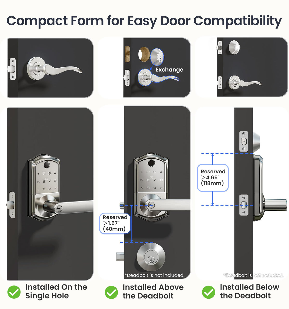 Veise VE019 Fingerprint Smart Lever Lock, App Control, Keyless Entry Door Lock with Handle, Touchscreen Keypad Knob for Front Door and Bedroom, Remote Access Sharing, IP55 Waterproof, Satin Nickel