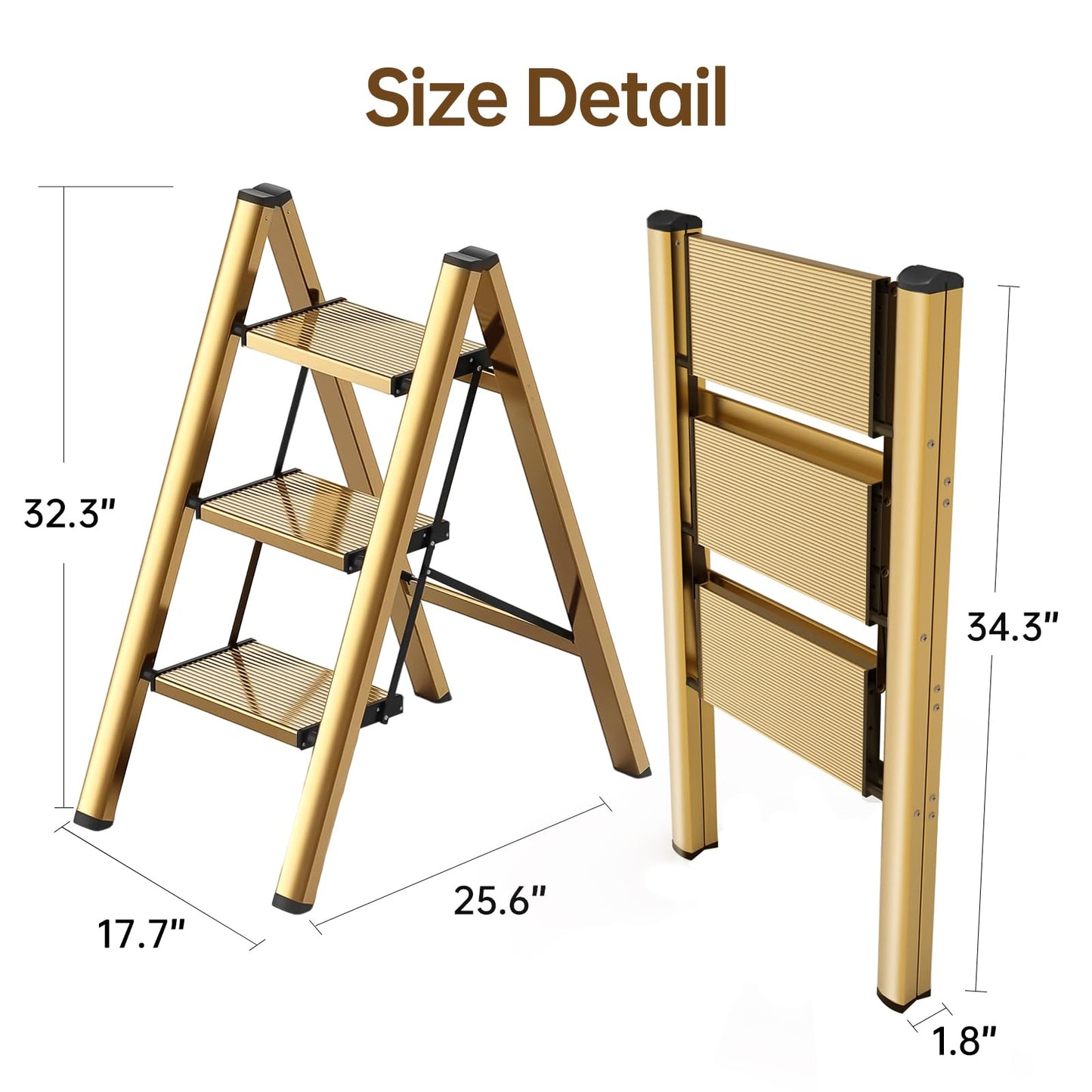 hismocal Foldable 3 Step Stool for Closet/Kitchen-Aluminium Gold Step Ladder Stools, Folding 330lbs Lightweight Ladders with Anti-Slip Wide Pedal, Portable Kids/Adults