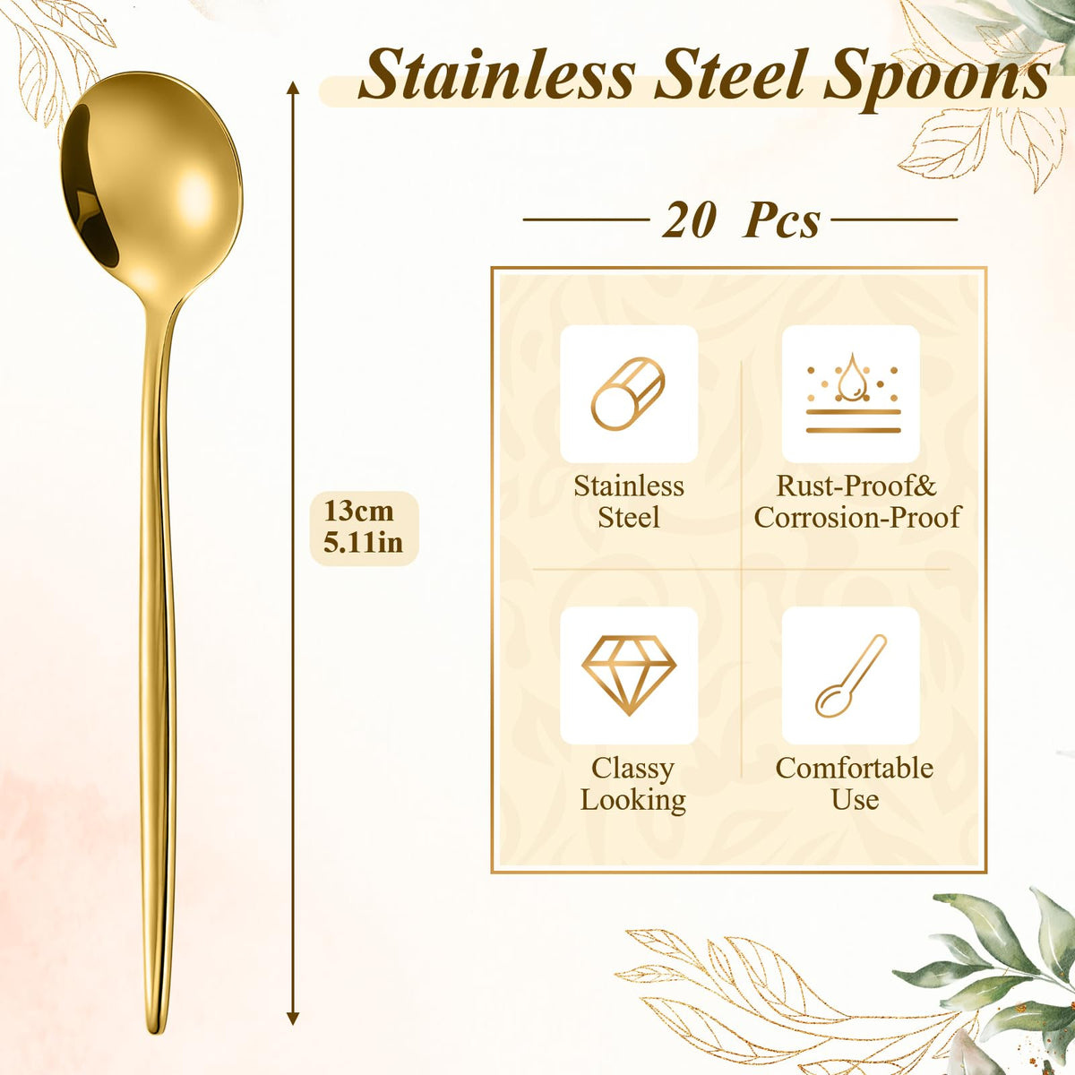 Dandat 20 Pcs 5.1 Inch Coffee Spoons, Gold Stainless Steel Teaspoons, Mini Dessert Spoons for Stirring Coffee Sugar Drink Kitchen Cafe Bar Wedding Tableware