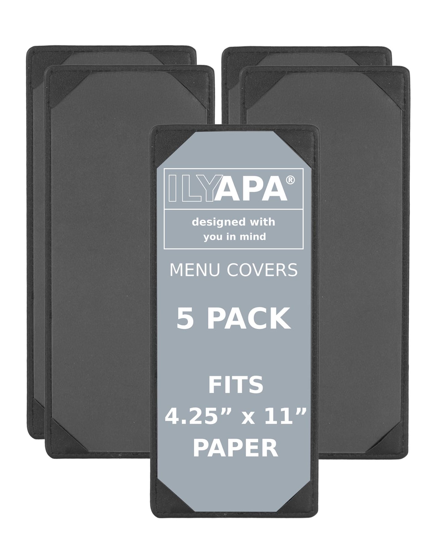 Ilyapa 5 Pack Restaurant Menu Covers 4.25 x 11 - Vinyl Leather Menu Holder, Single Sided Book with Corner Sleeves for Display of Wedding Menus, Weekly Kitchen Specials & Bar Drinks for Table Top