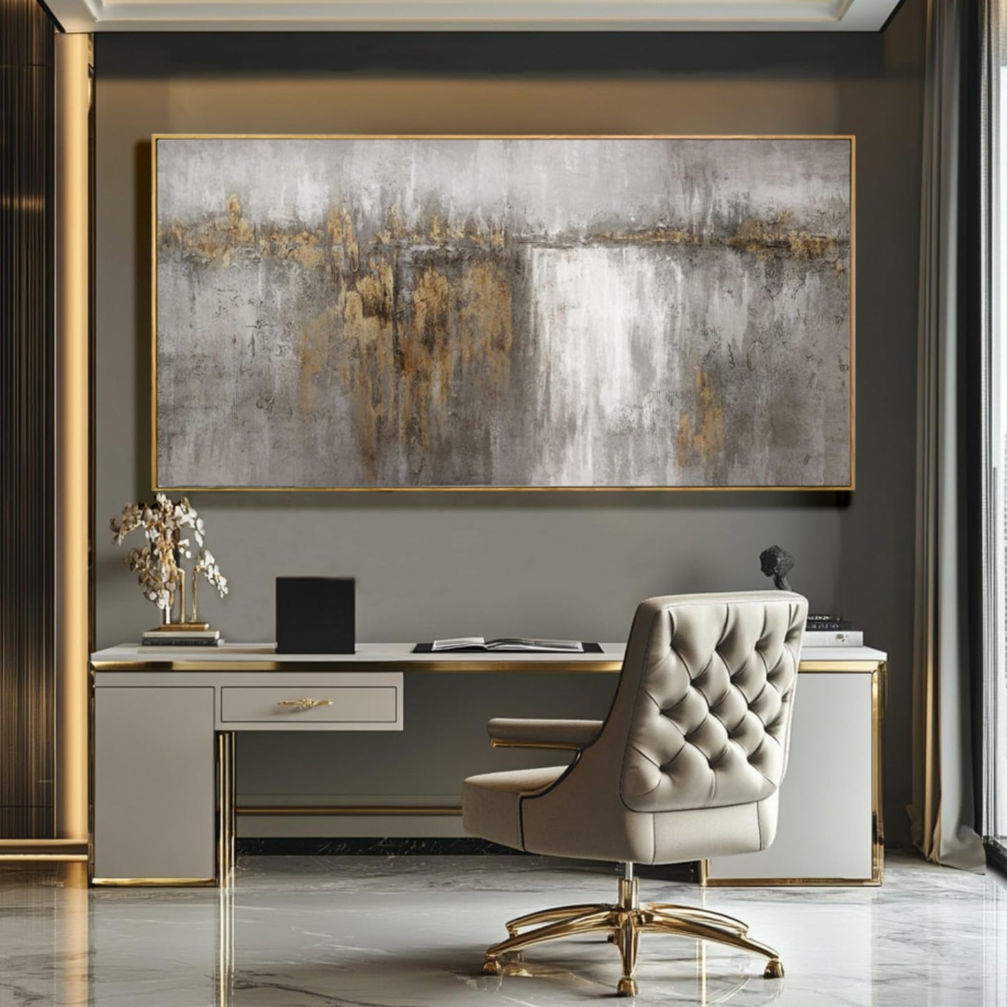 White and Gold Artwork for Walls Abstract Framed Poster Print 24"x48" Canvas Wall Art for Bedroom Neutral Artwork Decor for Office