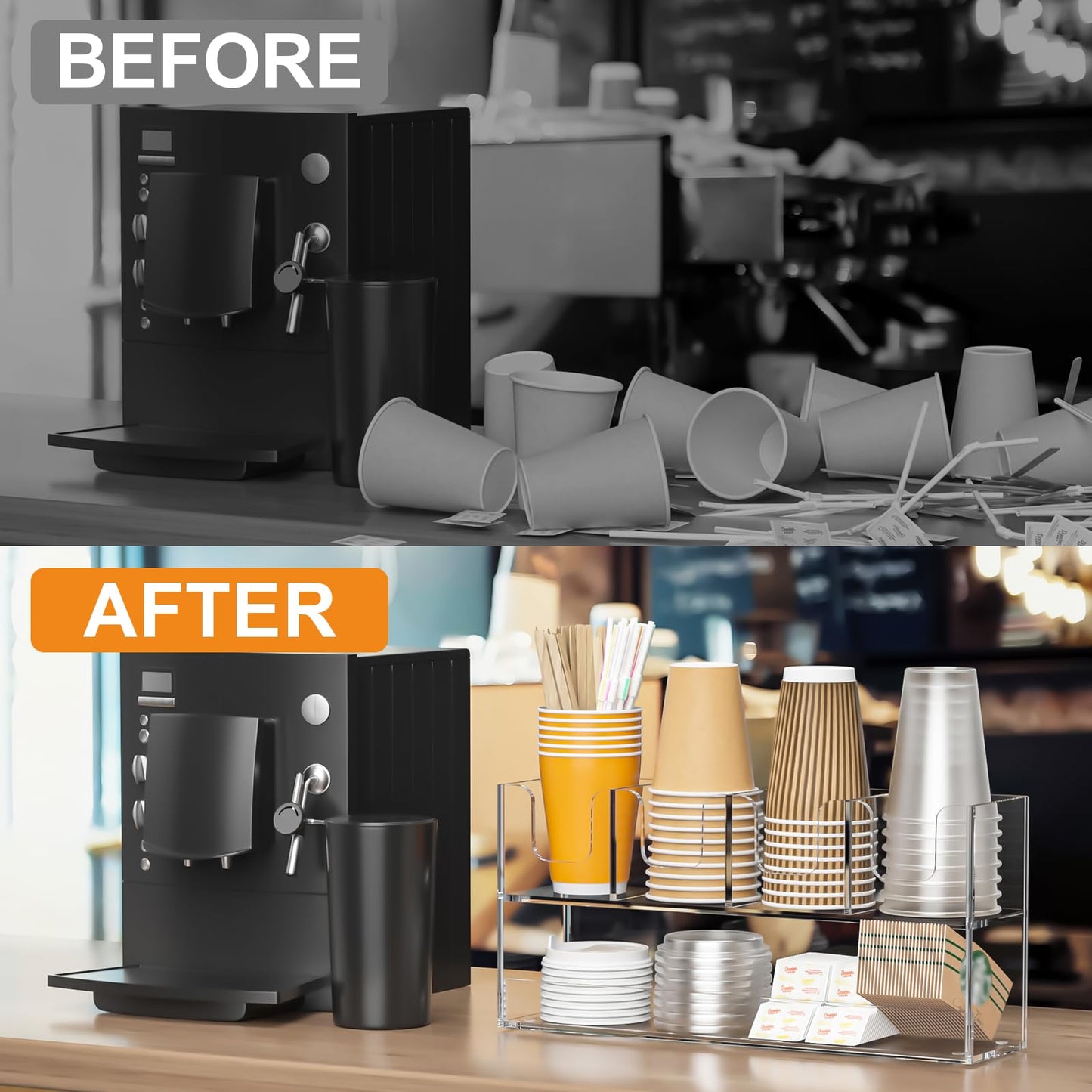 Beego 5-Compartment Cup Holder for Countertop - 2-Tier Clear Acrylic Cup Dispenser Coffee Station Paper Cup and Lid Organizer Condiment Storage for Restaurant Breakroom Kitchen Bar Accessories