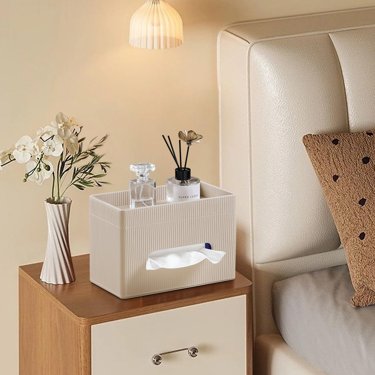 Cretkhp Tissue Box Cover Rectangle with Storage Tray, PU Leather Tissue Holder for Bathroom Vanity Countertop Night Stands Bedroom Office Desk, Stylish Rectangular Tissue Box Holder (Beige)