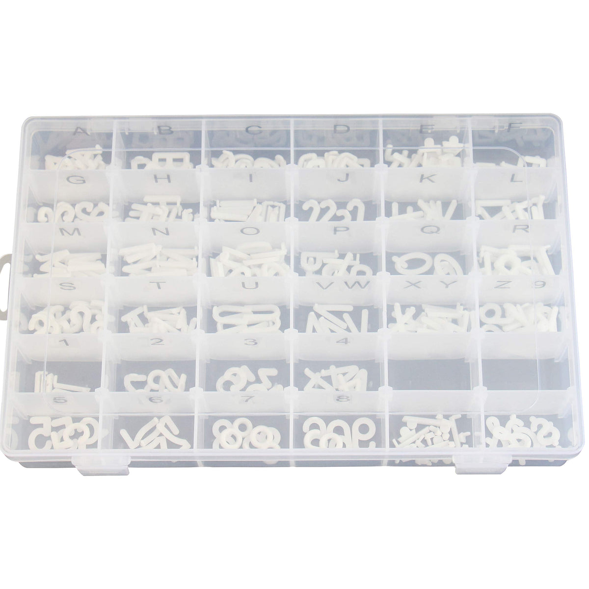 Plastic Organizer Container Box with Adjustable Dividers - 36 Compartments for Letter Board Letters - Stickers Pre Applied to Dividers