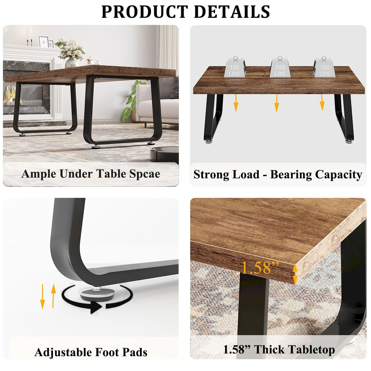 HSH Wooden Coffee Table, Industrial Rectangle Center Table, Modern Minimalist Coffee Table for Living Room, Farmhouse Wood and Metal Cocktail Tea Table for Bedroom Home Office, Rustic Brown, 47 in