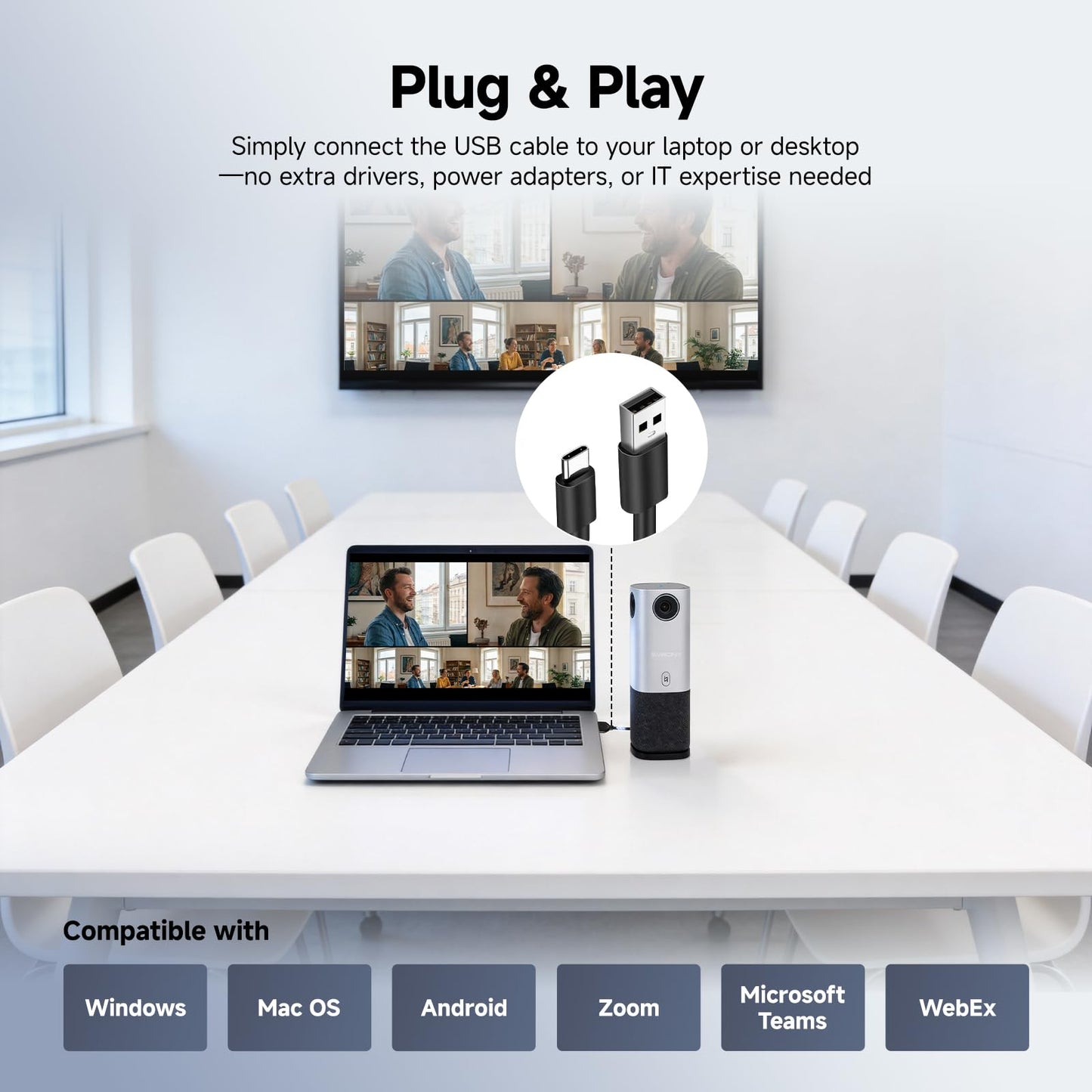 SVBONY SVN A1 360 Camera for Conference Room, 5MP 1080P HD Webcam with AI Driven Speaker Tracking,16.5 FT Mic Pickup, Noise Cancellation,Plug & Play, Compatible with Zoom/Teams/Meet for Small Meeting