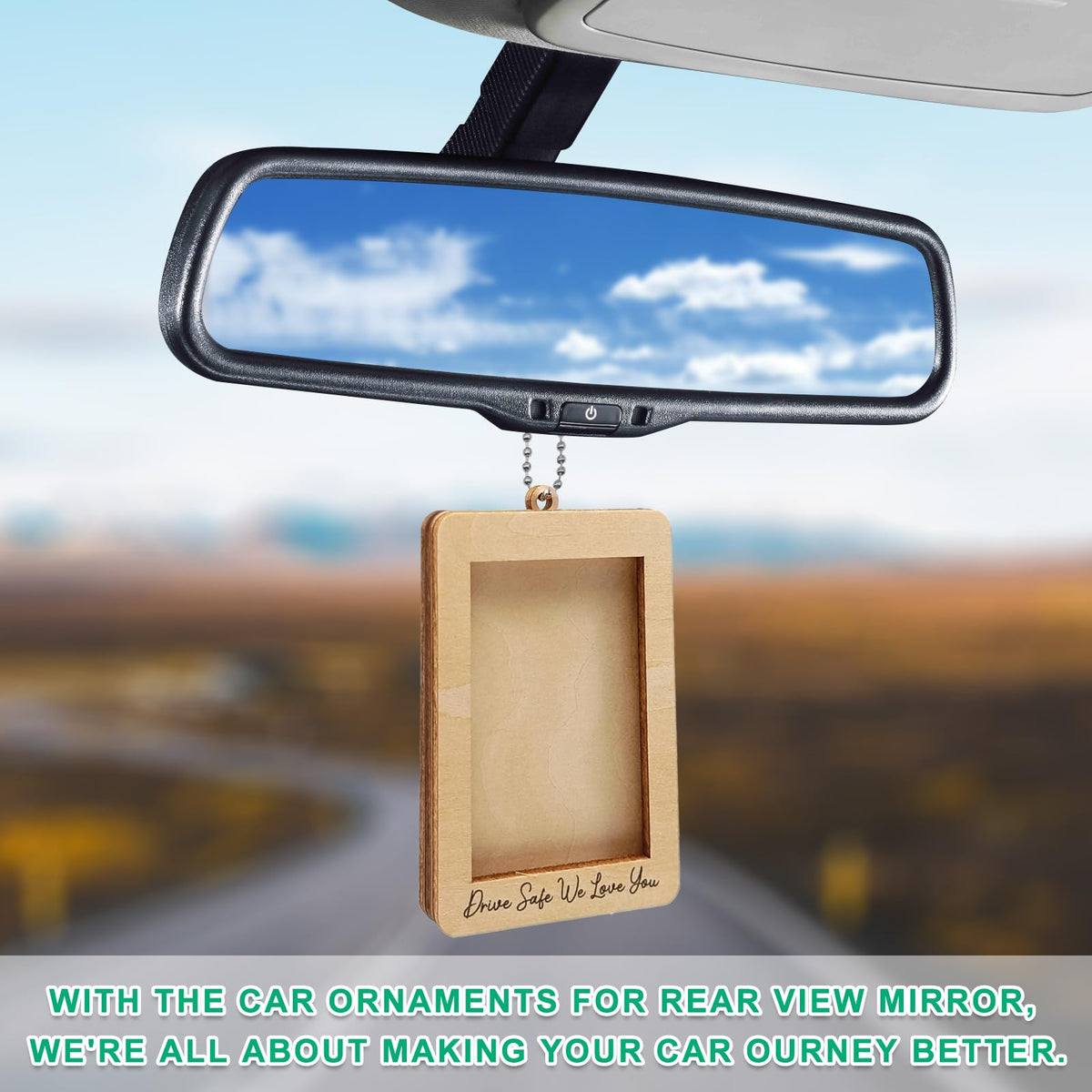 NOTISH Car Decor Hanging Picture Frame, Rear View Mirror Accessories, Car Picture Holder, Wallet-Sized Wooden Photo Frame, Mini Car Picture Frame(Drive Safe We Love you)