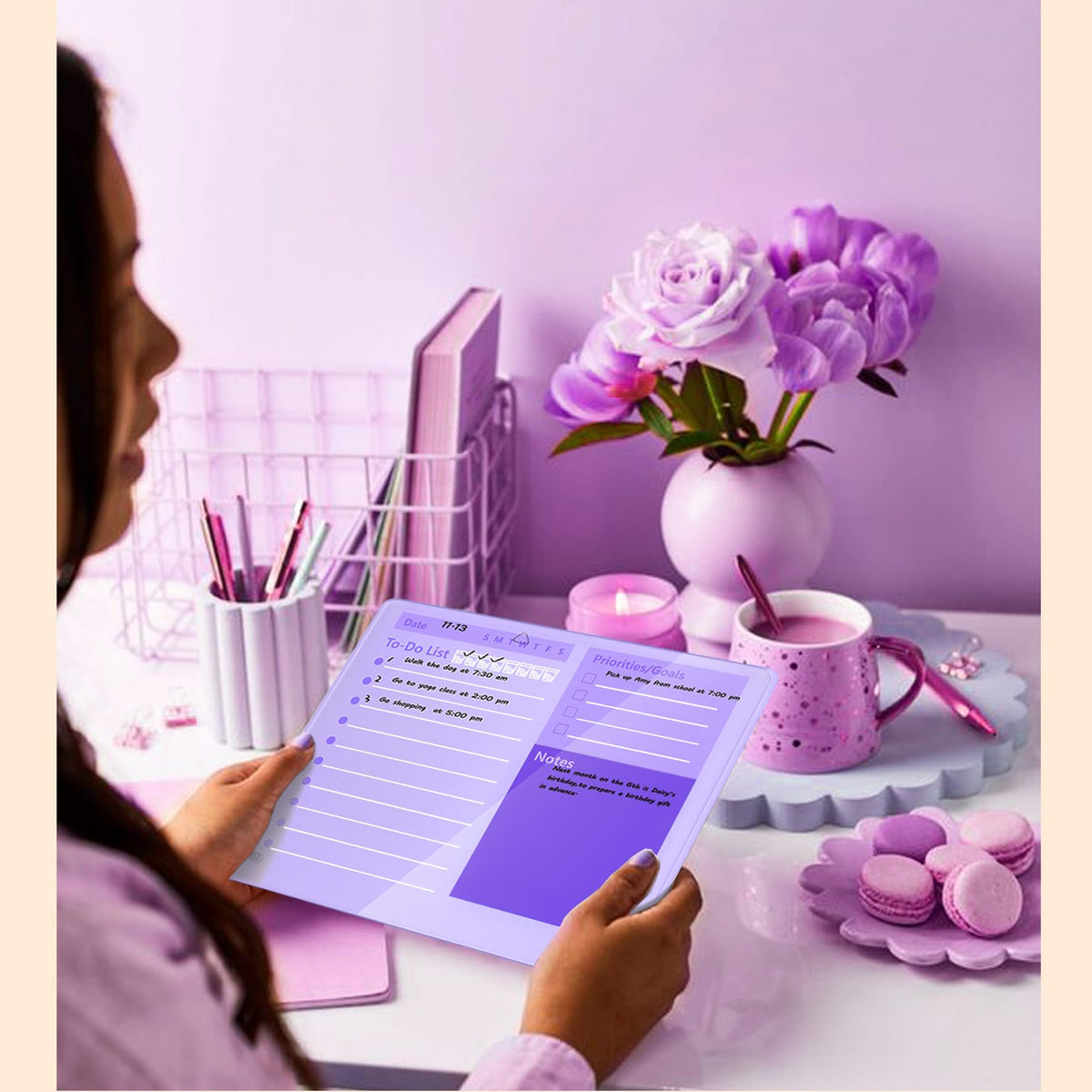 Desktop Thick Acrylic Dry Erase Board to Do Planning Board, 12" x 10", Desktop White Board with Stand, Frameless Purple Dry Erase White Board for Office/Home/School