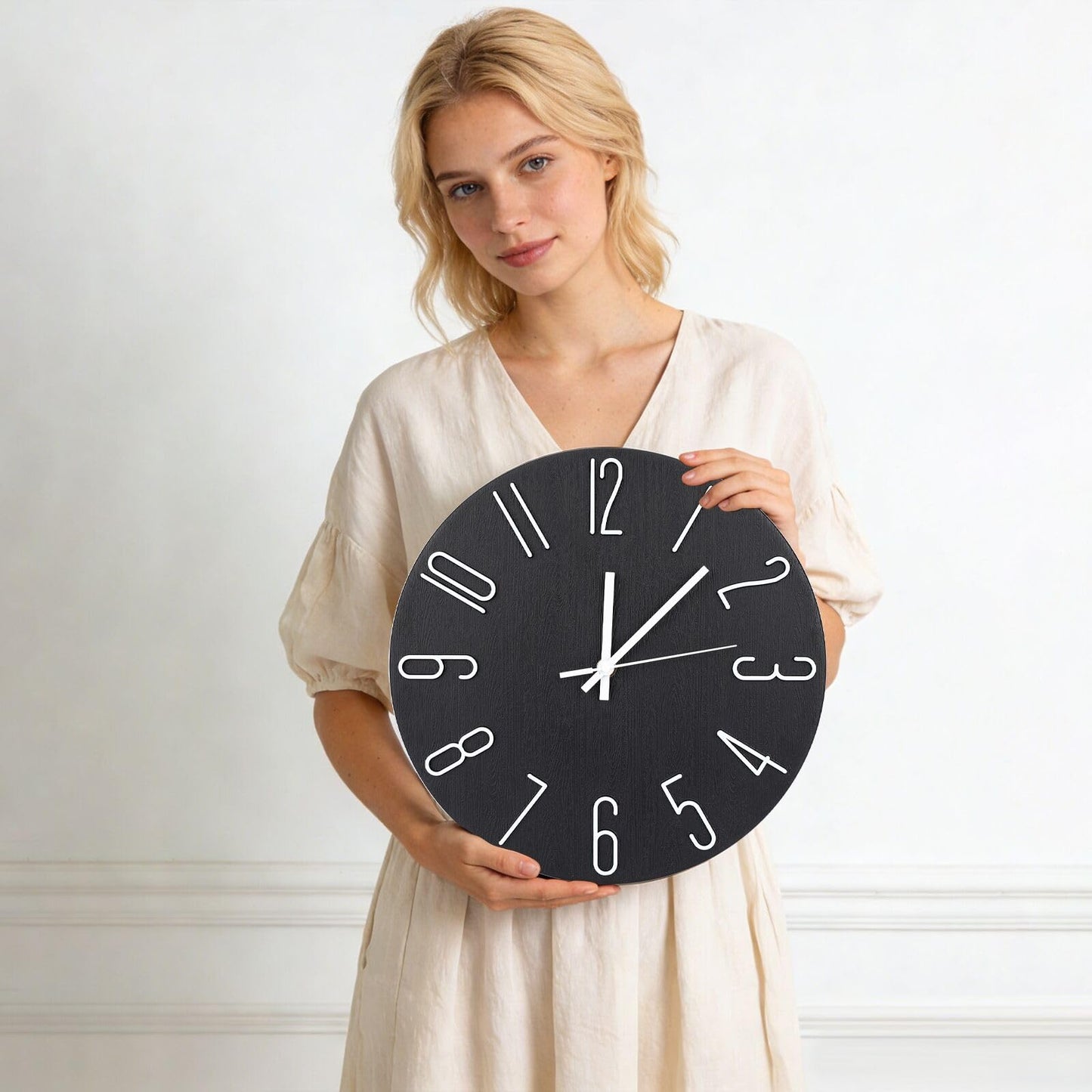 bakbrand Wall Clock 12 Inch Silent Non-Ticking Imitation Wood Indoor Clock Round White Decor Clock Modern 3D Figures Quartz Wall Clocks for Home, Hotel, Office, School, Bedroom, Living Room, Kitchen