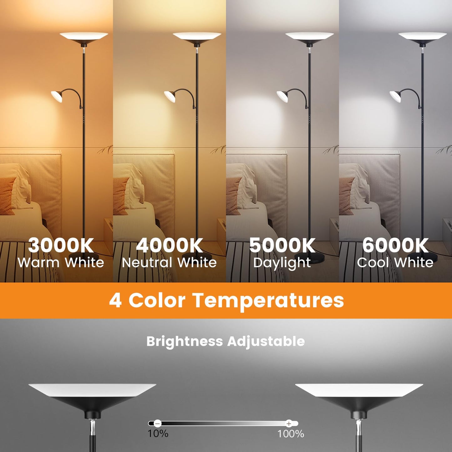 SIBRILLE Upgraded 2-in-1 Torchiere Floor Lamp, Dimmable Standing Lamp with Remote&Button Control, 34W Brightness Adjustable Floor Reading Light, Black Modern Corner Lamp for Living Room Bedroom Office