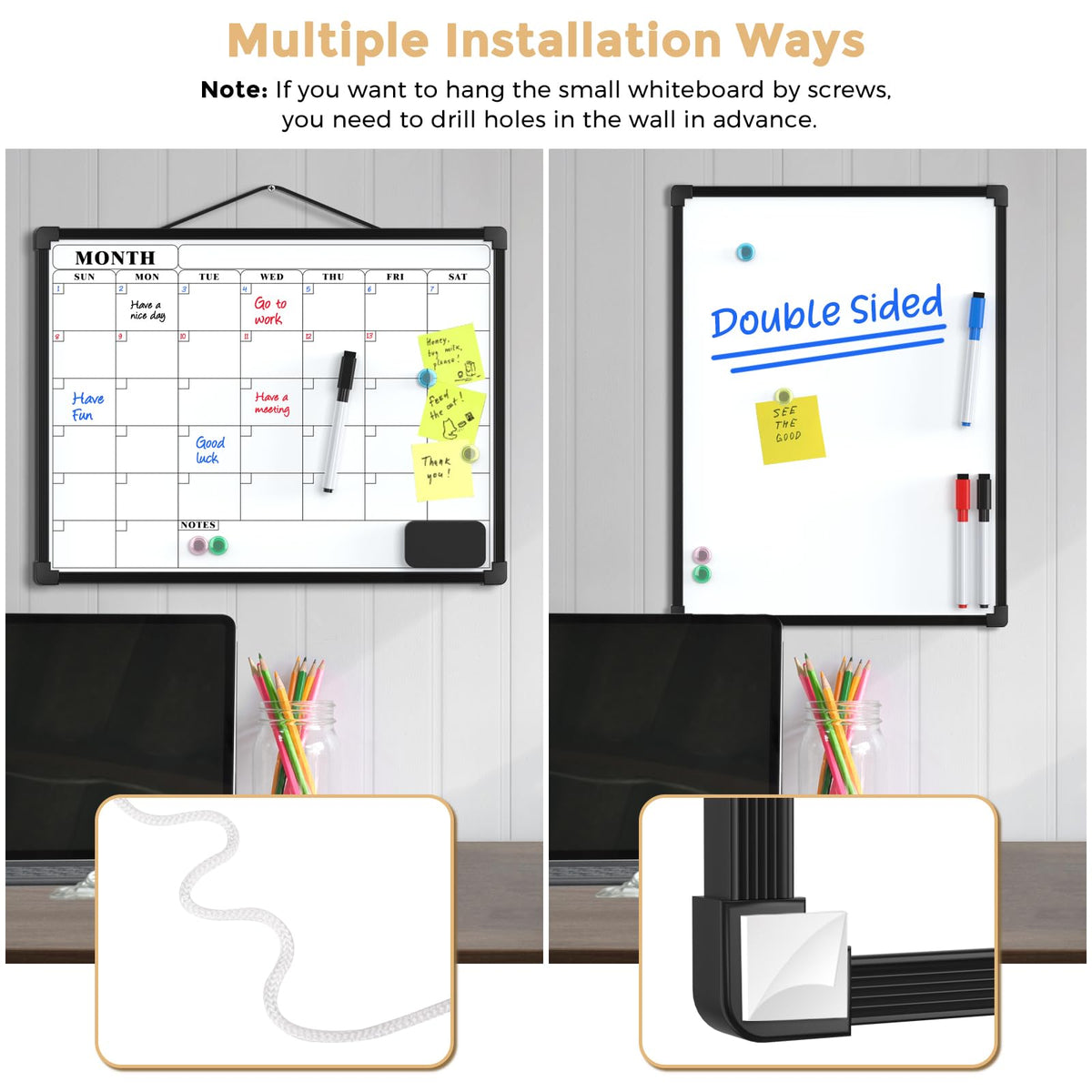 MaxGear Monthly Calendar Dry Erase Board for Wall, 16"x12" Small Hanging Double-Sided White Board, Portable Whiteboard for Planning, Drawing, Memo, to Do List, School, Home, Office, Black Frame