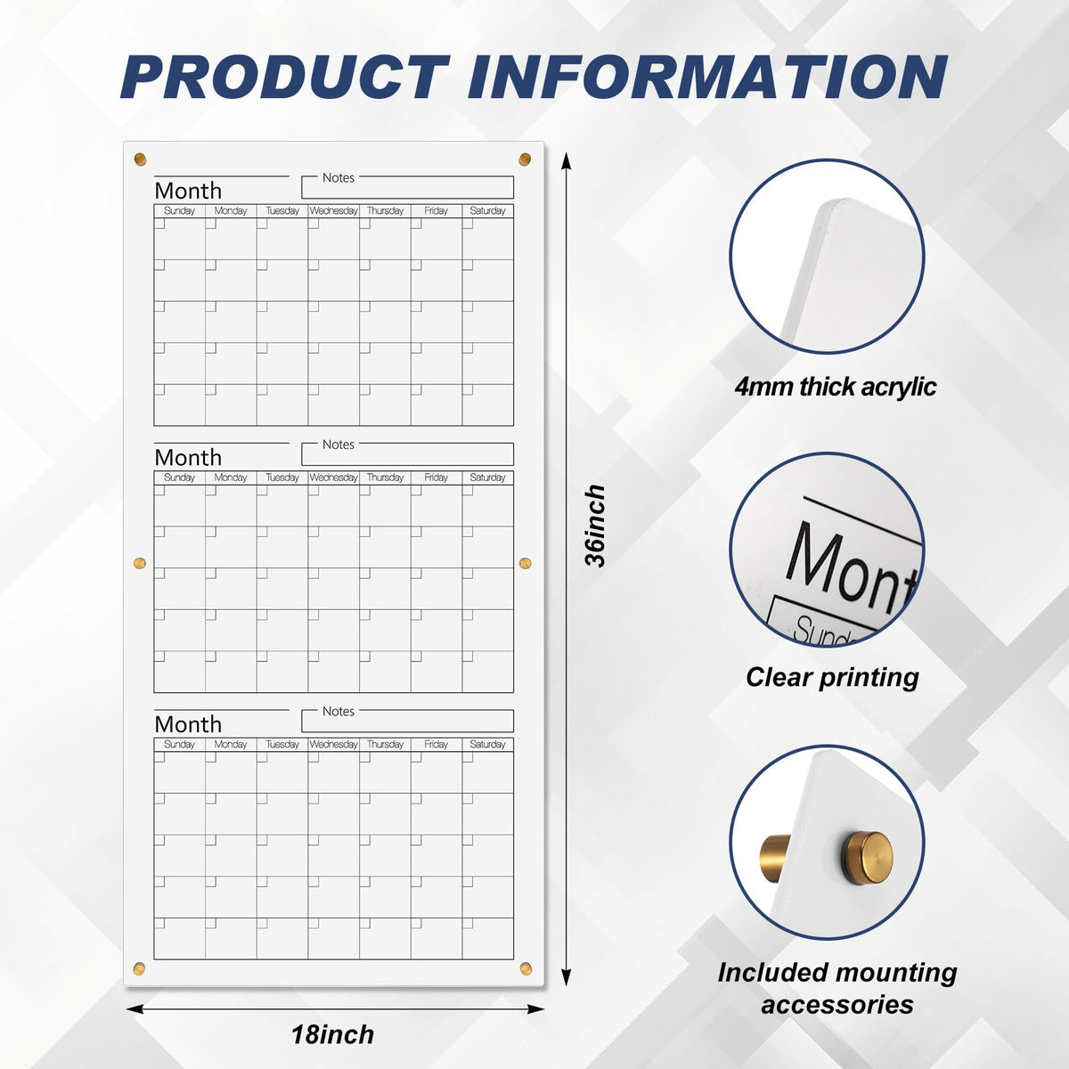 AmazingSpark Acrylic Whiteboard Calendar 3 Months Dry Erase Wall Calendar Board 36" x 18" Large Reusable Vertical Planner for Home School Office Bedroom Classroom Organization